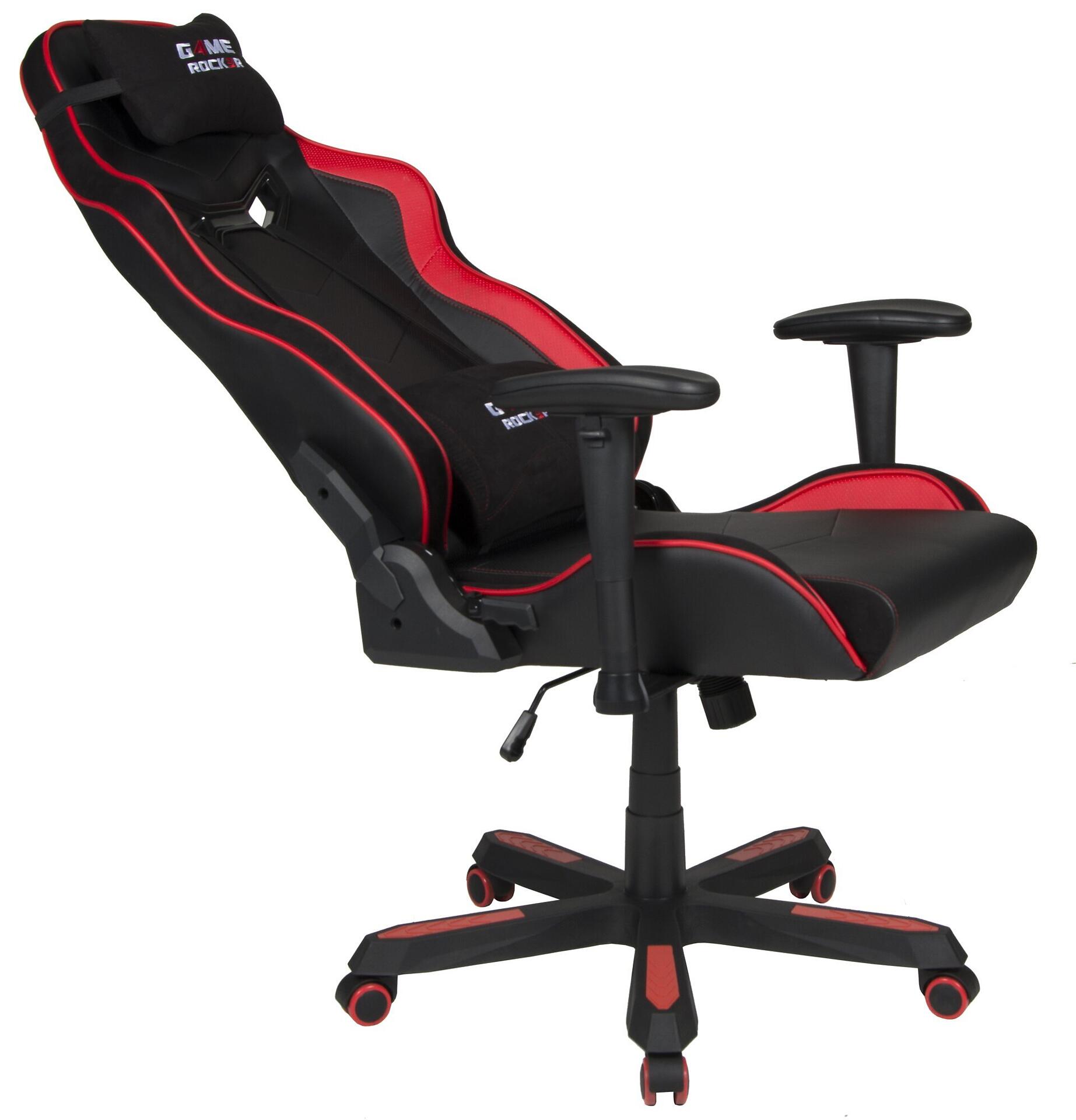 Gaming-Sessel G-30 in Seitenansicht mit hoher, ergonomischer Form, roter Lordosenstütze und verstellbarer Rückenlehne, die durch einen seitlichen Mechanismus gesteuert wird.