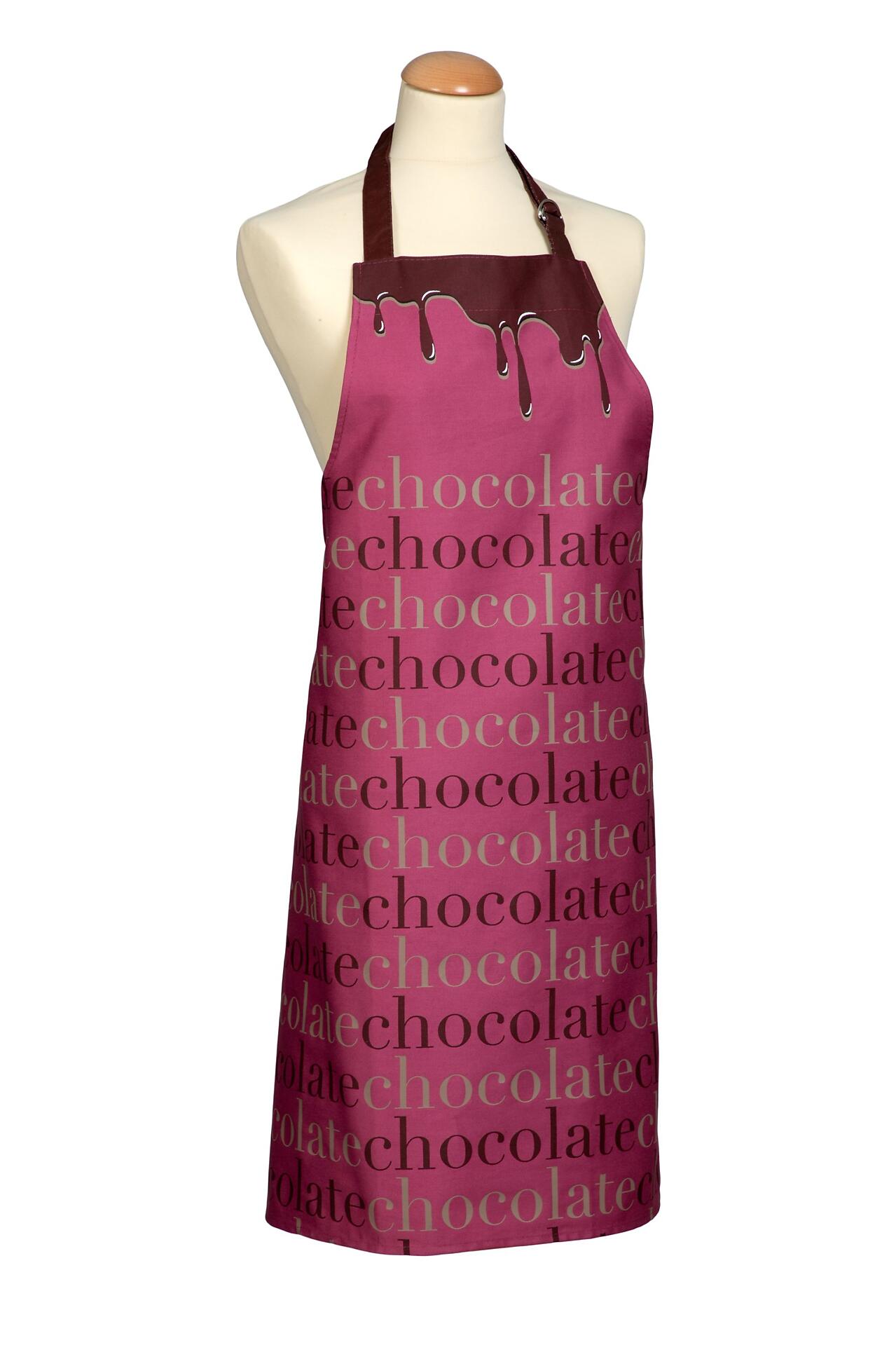 Schürze Chocolate: multicolor Studiofoto mit lila Farbgebung, violett-braunem Streifen und langen Tragegurten, wobei ein Produktdruck mit dem Schriftzug "chocolate" erkennbar ist.