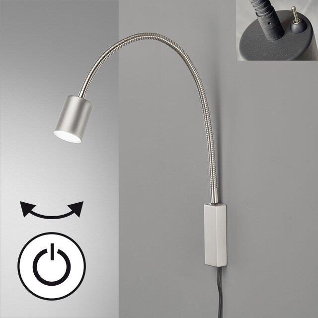 Bettleuchte Flex, Justi: Flexible Wandleuchte mit schwenkbarem Arm und gerichteter Beleuchtung, Detailaufnahme der Wandbefestigung und Symbol für die flexible Positionierung.