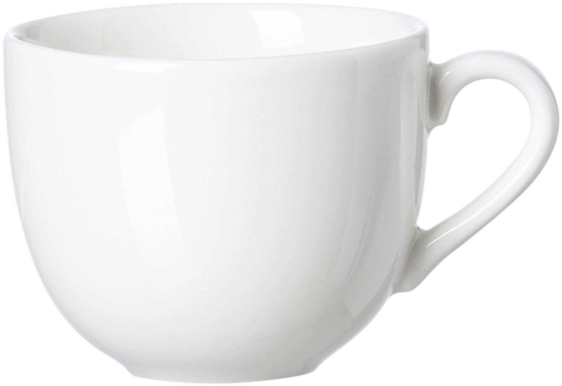 Weiße Kaffeeober Skagen von Ritzenhoff & Breker, konisch geformt mit gebogenem Henkel, aus einer schrägen Perspektive dargestellt.