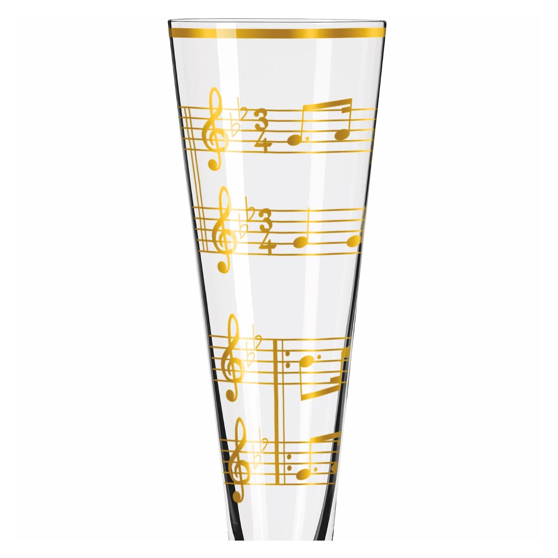 Champagnerglas mit goldenem Notenmuster und Rand, Teil eines 2-teiligen Sets in Geschenkbox.