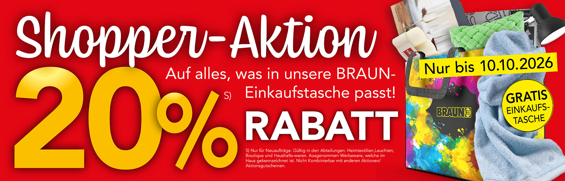 Werbeanzeige: 20% Rabatt auf BRAUN-s Einkaufstasche für Neukunden bis 10.10.2026.