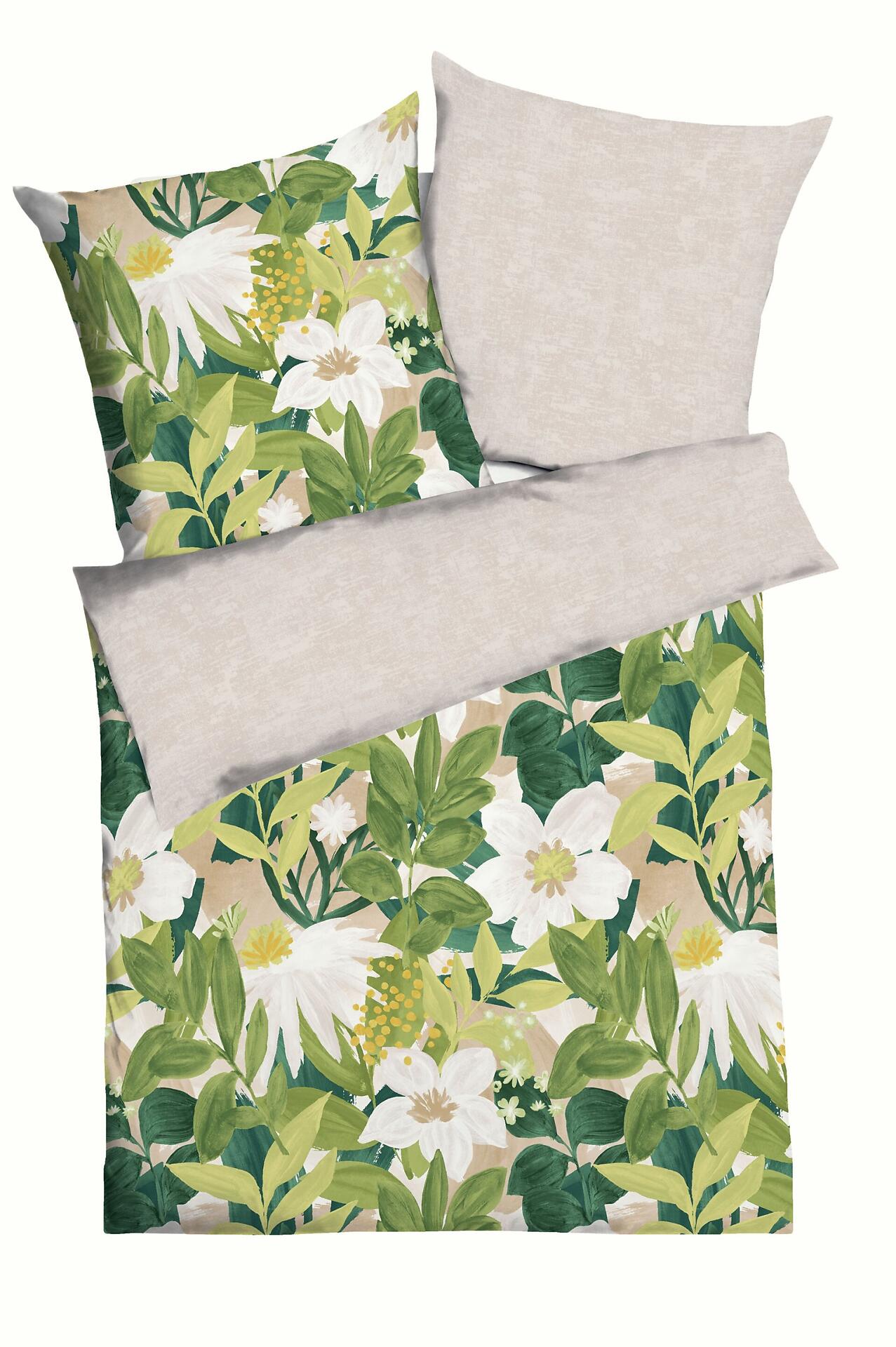 Bettwäsche-Set "Botanik" mit stilisiertem Blumenmuster aus weißem Kissen (80x80 cm) und Bettbezug auf hellbeige Hintergrund.