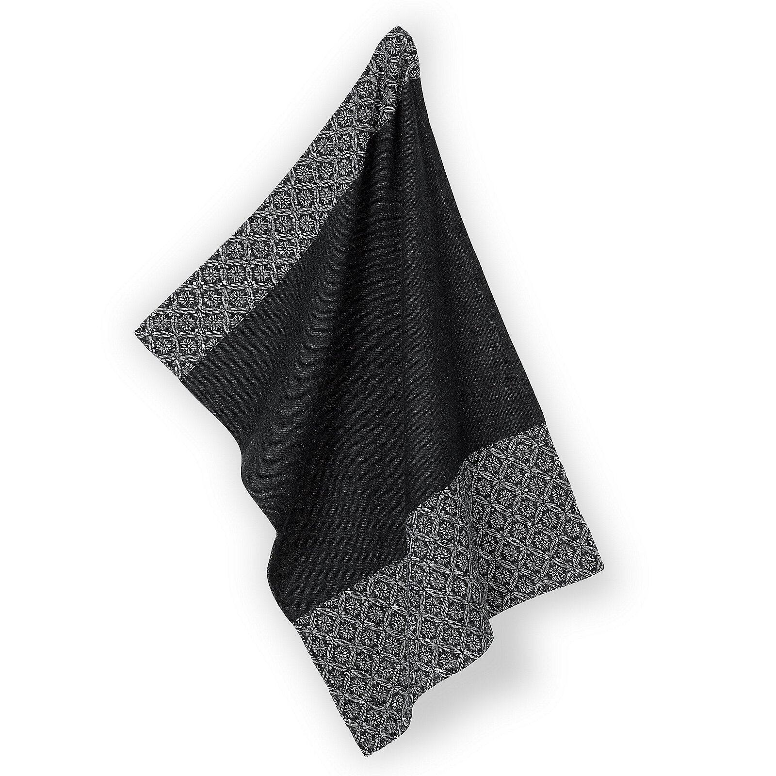 Geschirrtuch Gianna, dunkelschwarzes Textil mit einem hellgrauen, geometrischen Muster im Detailbild aus schräger Vogelperspektive.