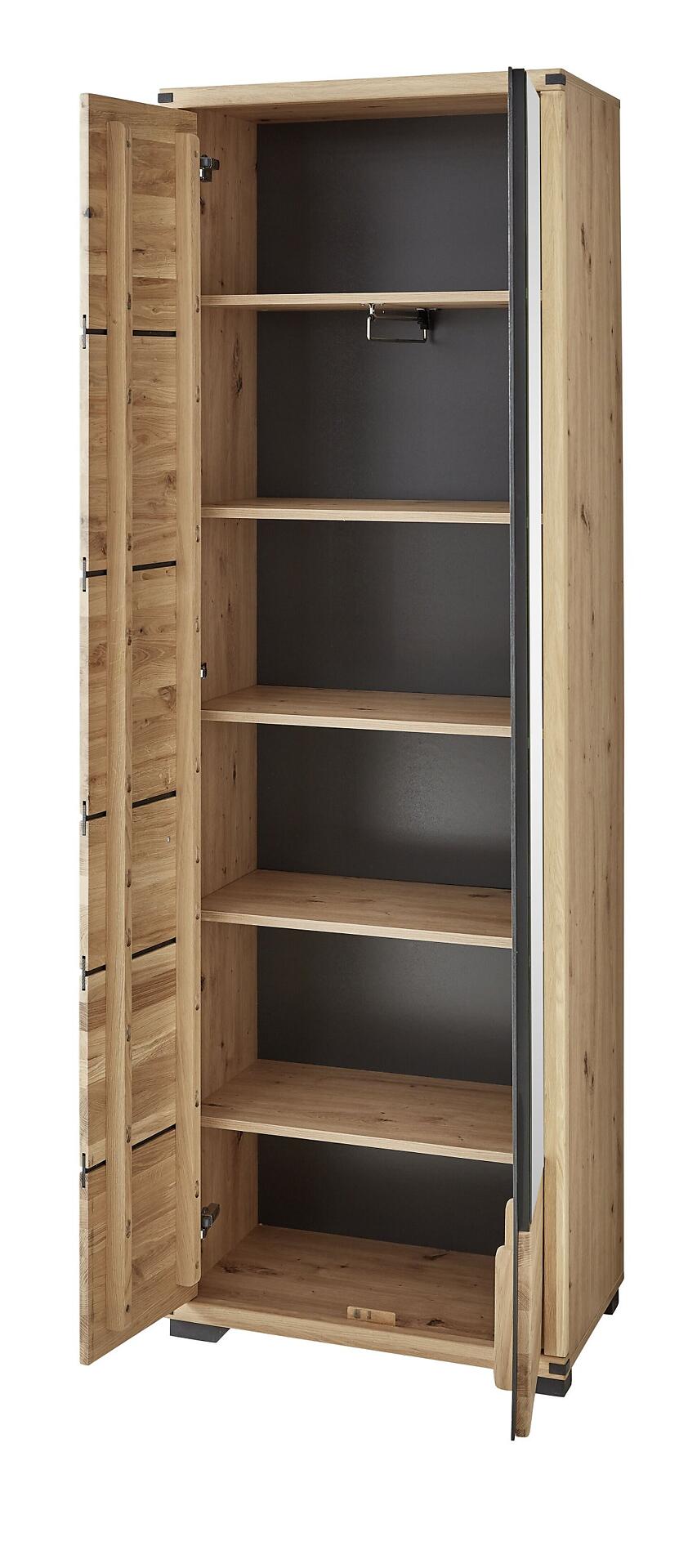 Garderobenschrank Genua mit drei Schubladen links und Spiegeltür rechts, die einen Einblick in das Innere bietet.