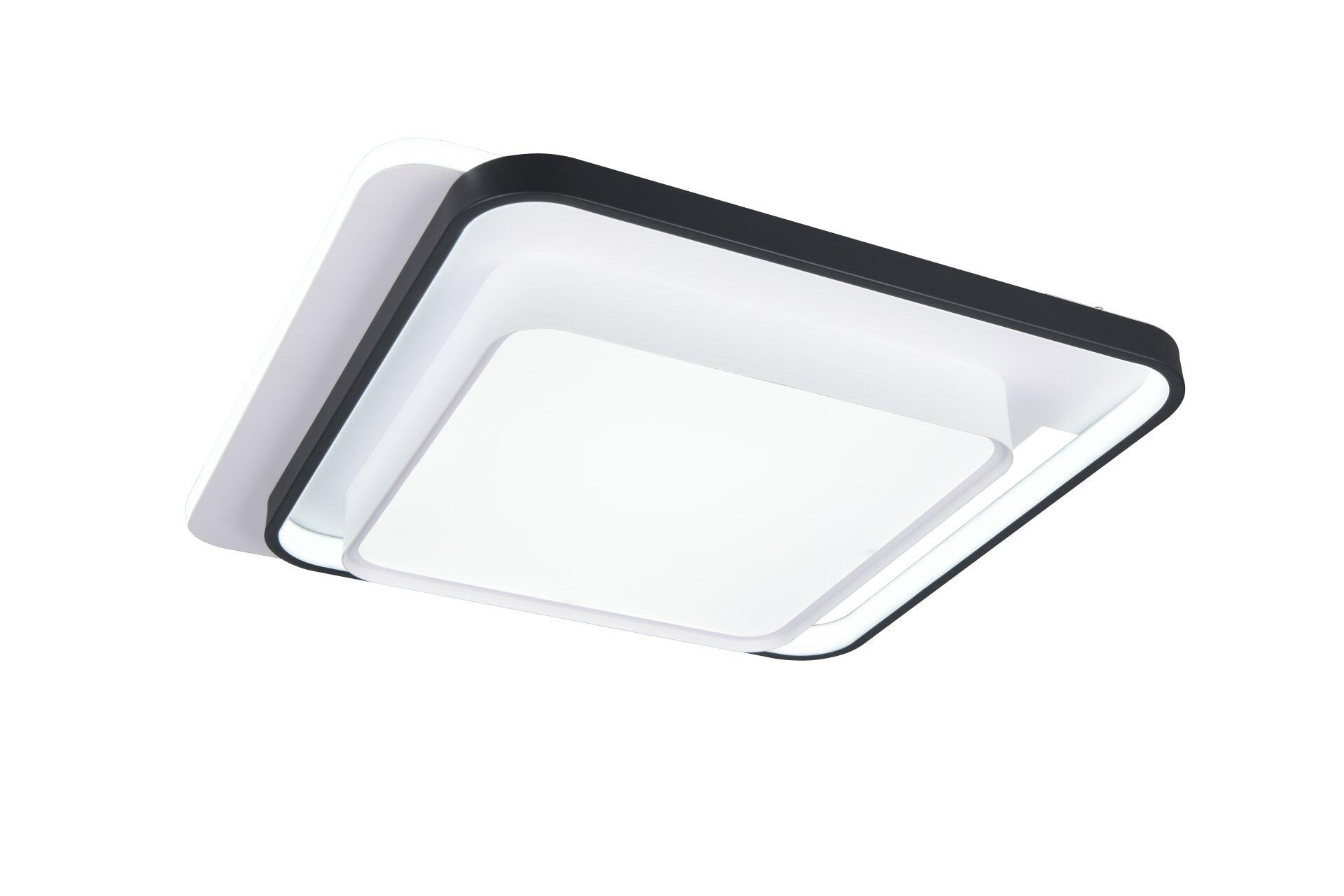 Deckenleuchte Ceru mit quadratischem Design und schmalem schwarzem Rahmen, dargestellt in diagonaler Perspektive, zeigt die blendfreie Lichtfläche und das moderne, minimalistische Erscheinungsbild.