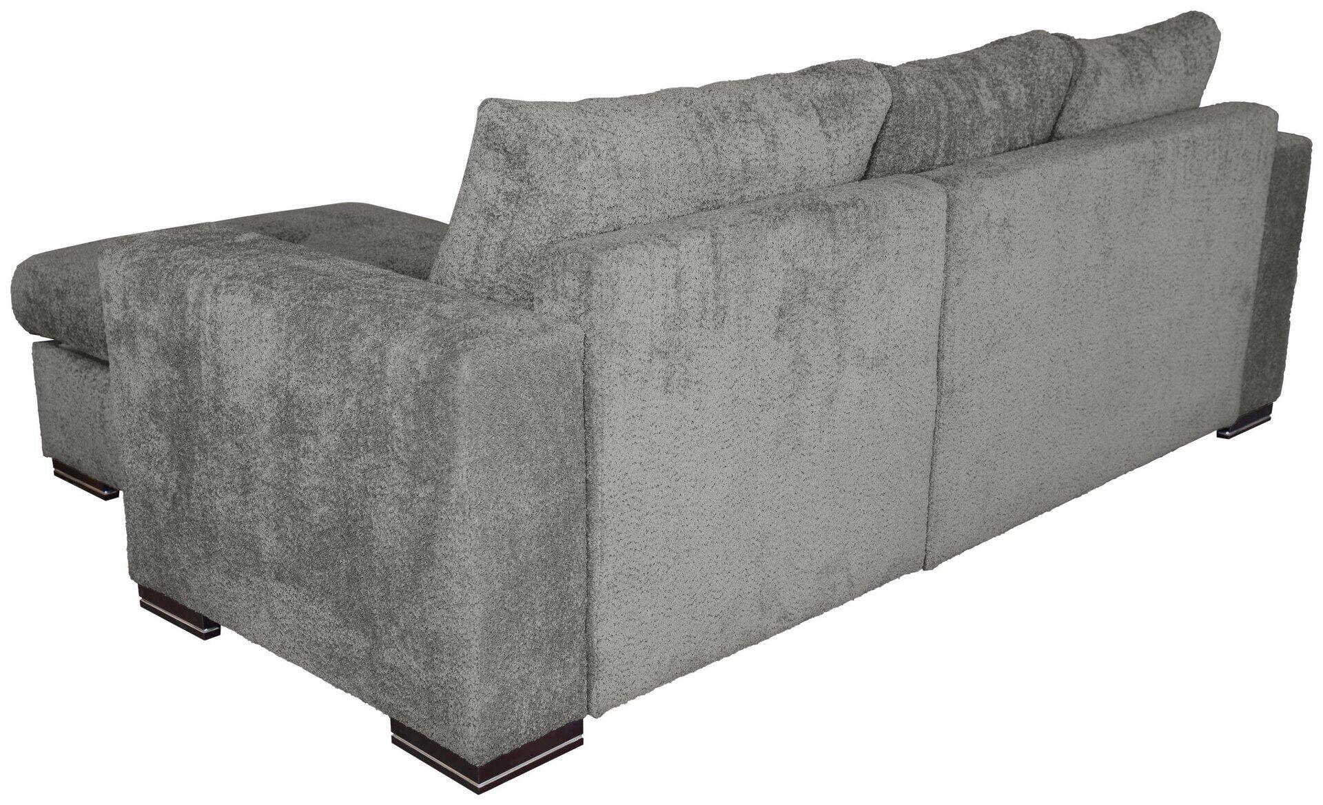 Ecksofa Malmo in Seitenansicht mit breiten Armlehnen, dunklen Füßen und einem großen Zierkissen.