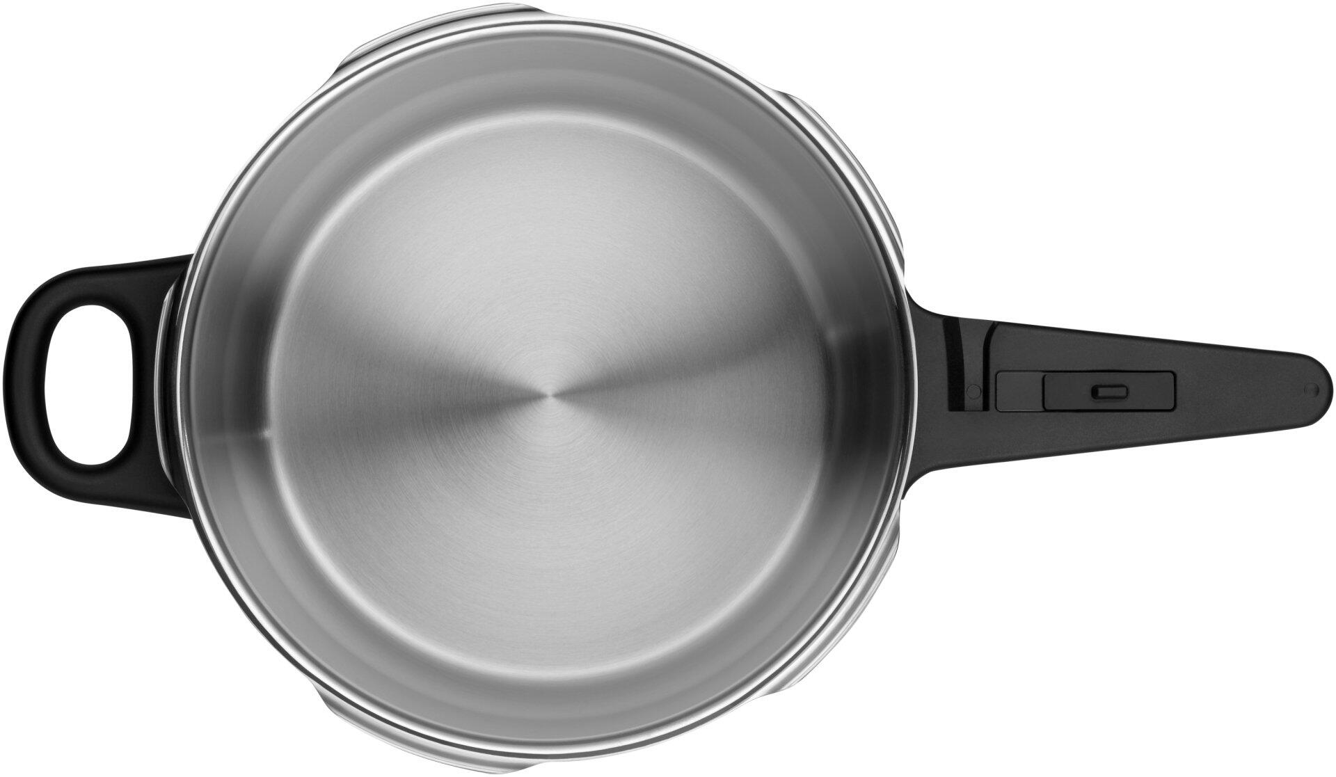 Schnelltopf Perfect New von WMF: Draufsicht auf den 4,5-Liter-Topf mit gebürstetem Edelstahl-Außenkörper, Kunststoffgriff und integriertem Detail für Temperaturanzeige.