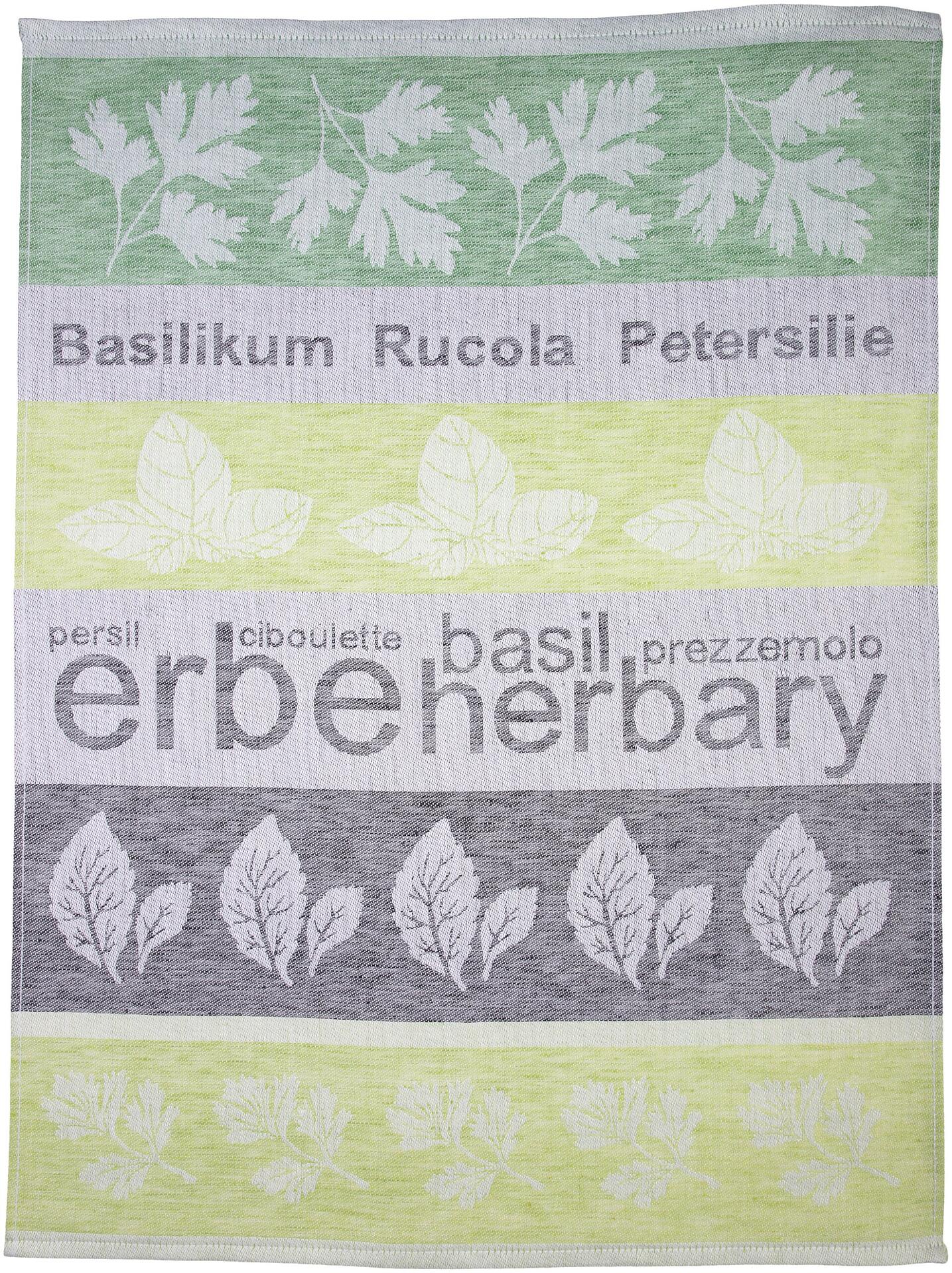 Geschirrtuch Herbary: Quadratisches Geschirrtuch mit grauem Grund und hellgrünem Rand, verziert mit stilisolierten Kräuterblättern (Basilikum, Rucola, Petersilie, Ciboulette, Prezzemolo, Erbe) aus der Vogelperspektive.