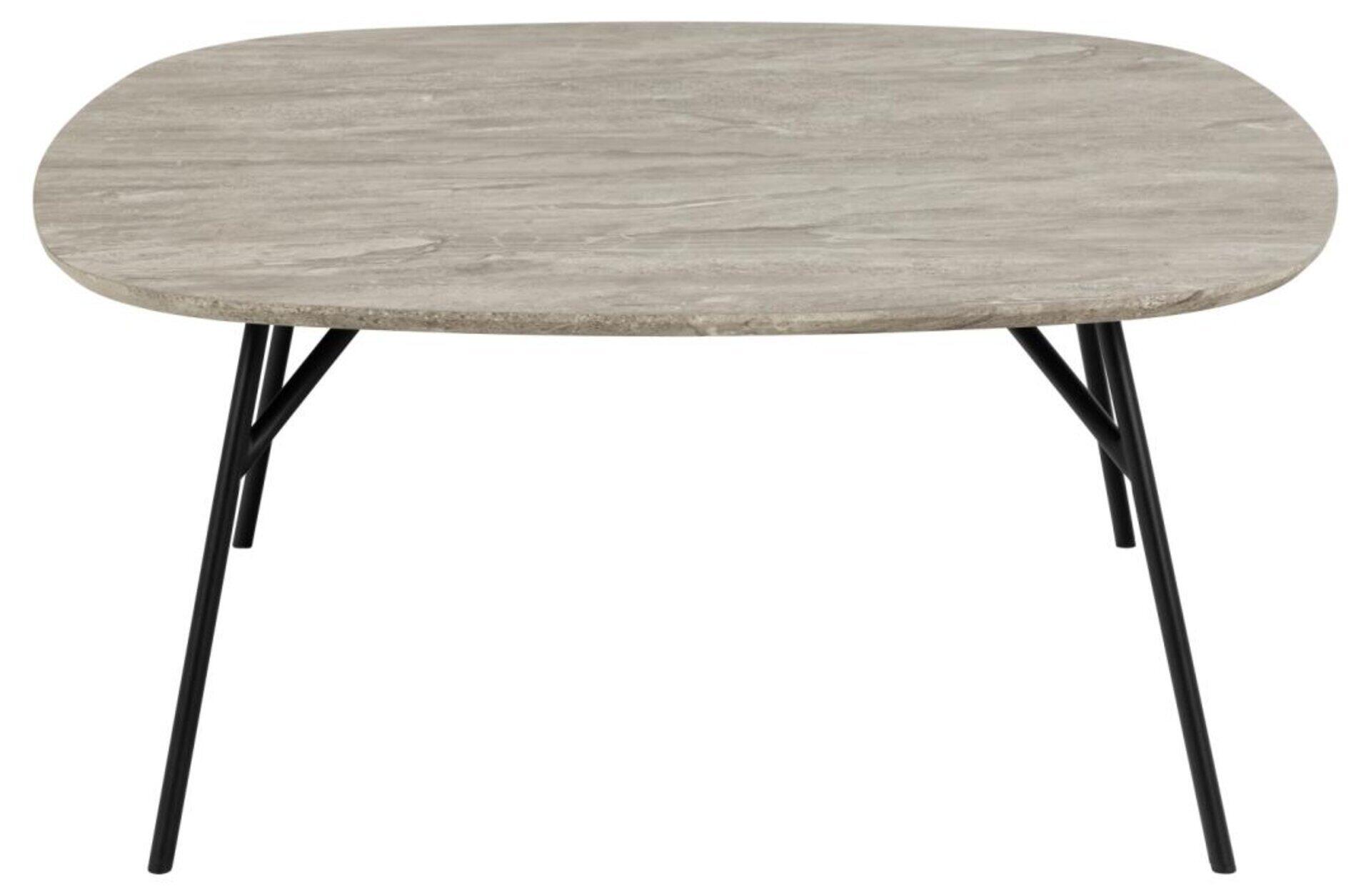 Couchtisch Caracas mit ovaler, grau-beigefarbener Tischplatte im modernen Marmor-Look und schrägen, schwarzen Tischbeinen, abgebildet in Frontalperspektive.