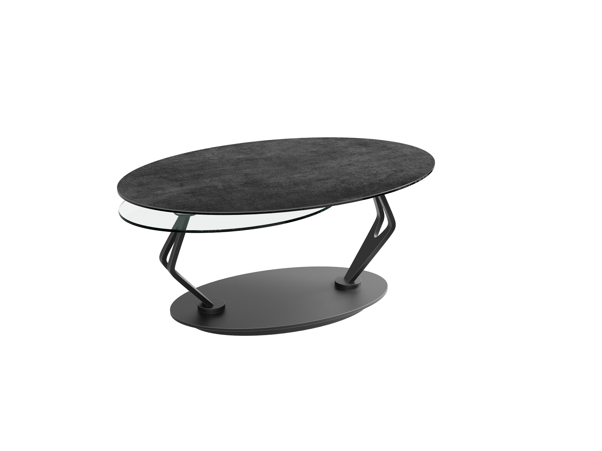 Couchtisch Oasis mit ovaler Tischplatte aus dunkelgrauem Material, darunter eine transparente Glasplatte und geschwungene, schwarze Stahlbeine.