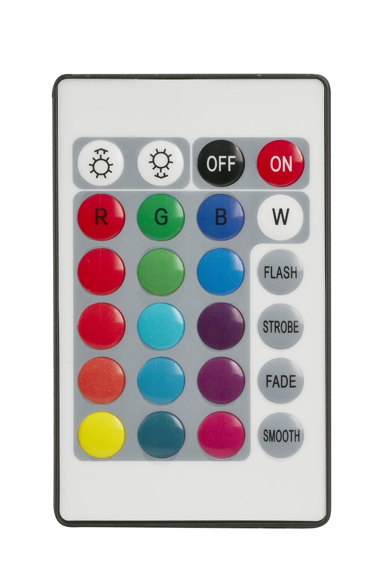 LED Band Flow – Detailaufnahme der weißen Fernbedienung mit Tasten für verschiedene Lichteffekte wie Flash, Strobe, Fade und Smooth.