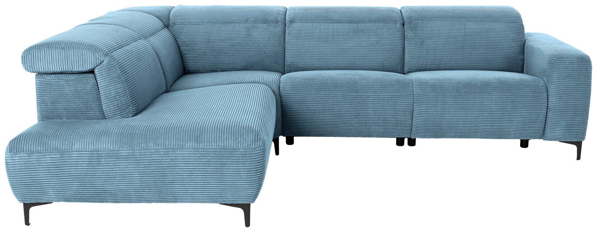 Ecksofa Pure 902 2.0 in hellblauem Cord mit Metallfüßen, Kopfteilverstellung und drehbaren Elementen, detailreich aus Frontalperspektive dargestellt.