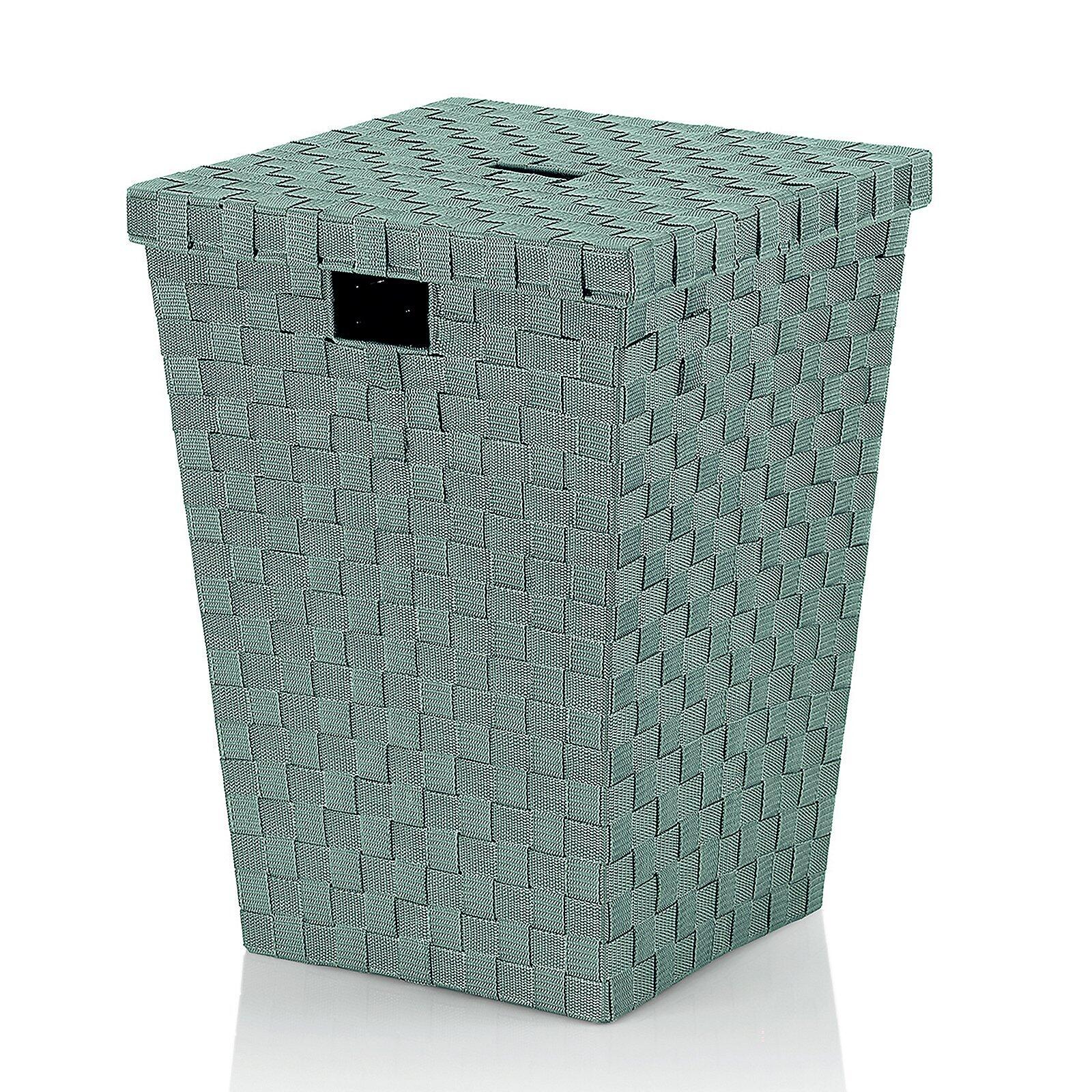 Wäschebox Alvaro: Dunkelgrüner Korb mit Deckel und Griff, geflochtenes Design in frontaler Ansicht.