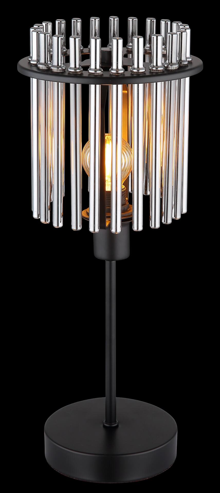 Tischleuchte GORLEY mit rauchfarbenen Glasstäben in der runden Lampenfassung, die das Licht abstrahieren und brechen, sowie schlankem, schwarzem Metallstiel und Wippschalter am Kabel.