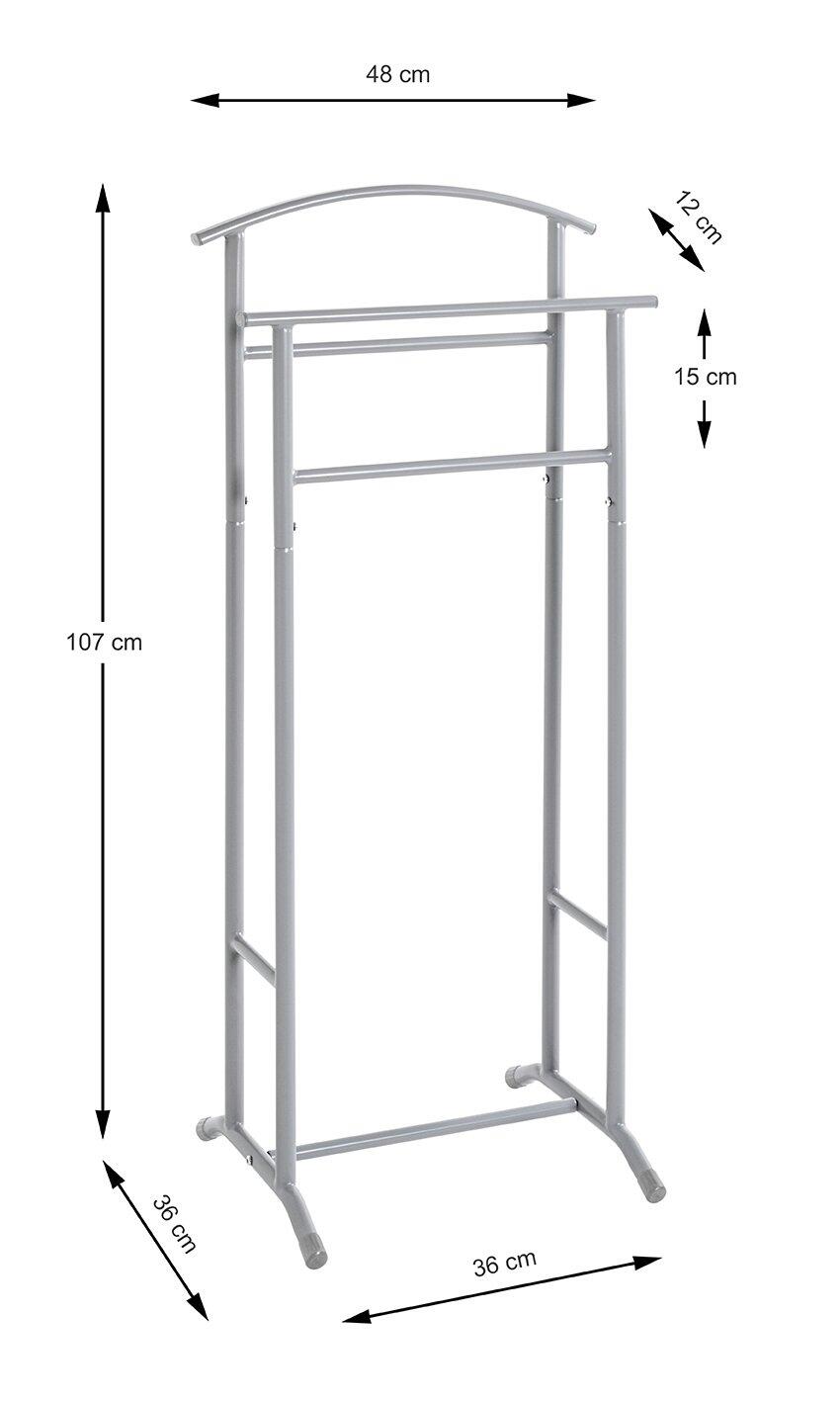 Silberfarbener Herrendiener (55103) mit gebogener Querverbindung, Ablagefläche und Ständer für Kleidungsstücke, Höhe 107 cm, Tiefe 36 cm.