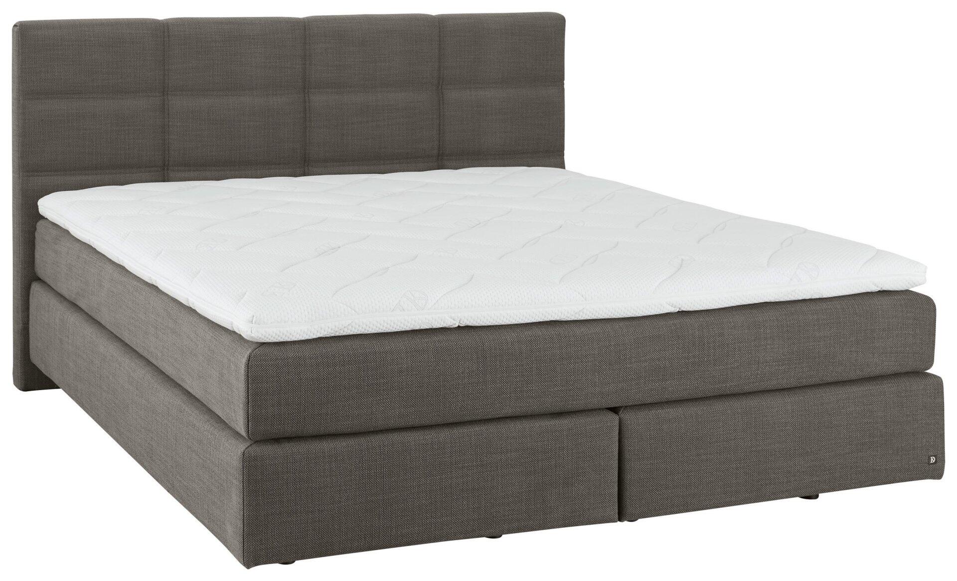 Boxspringbett Luxor Line BX mit grau-anthrazitfarbenem Stoffbezug, hohem gepolsterten Kopfteil und integrierten Schubladen für zusätzlichen Stauraum.
