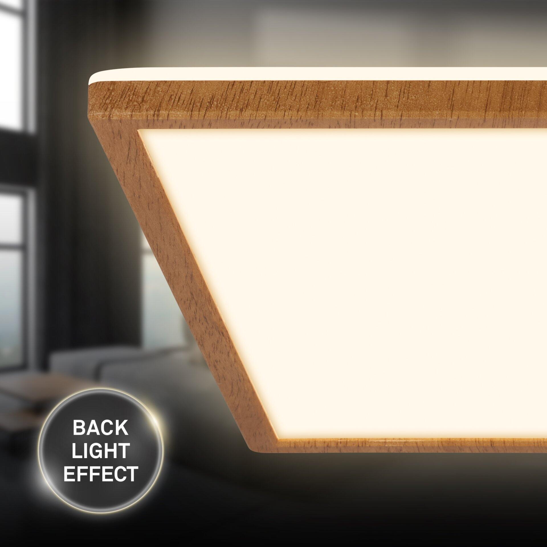 Rahmenloser Wandleuchter Panel Tava Wood mit rechteckigem Design, abgerundeten Ecken und gleichmäßigem Rücklicht-Effekt ("BACK LIGHT EFFECT") für stimmungsvolle Wandbeleuchtung.