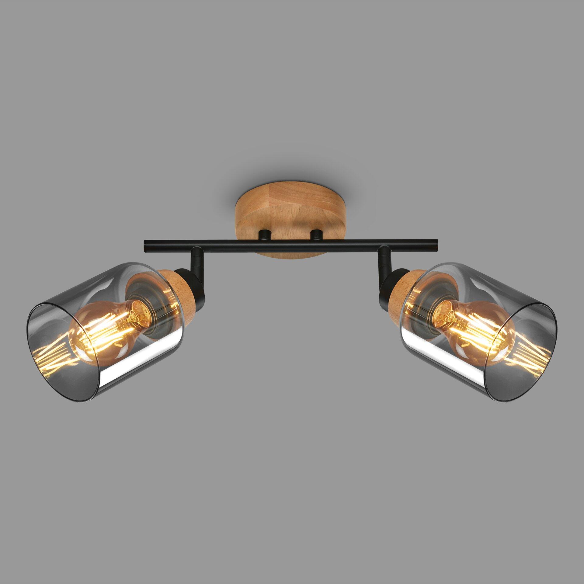 Spot Deckenleuchte, moderne Designleuchte mit drei rauchgrauen Gläsern, flexibler Metallstrebe zur Lichtausrichtung und warmweißer Beleuchtung.