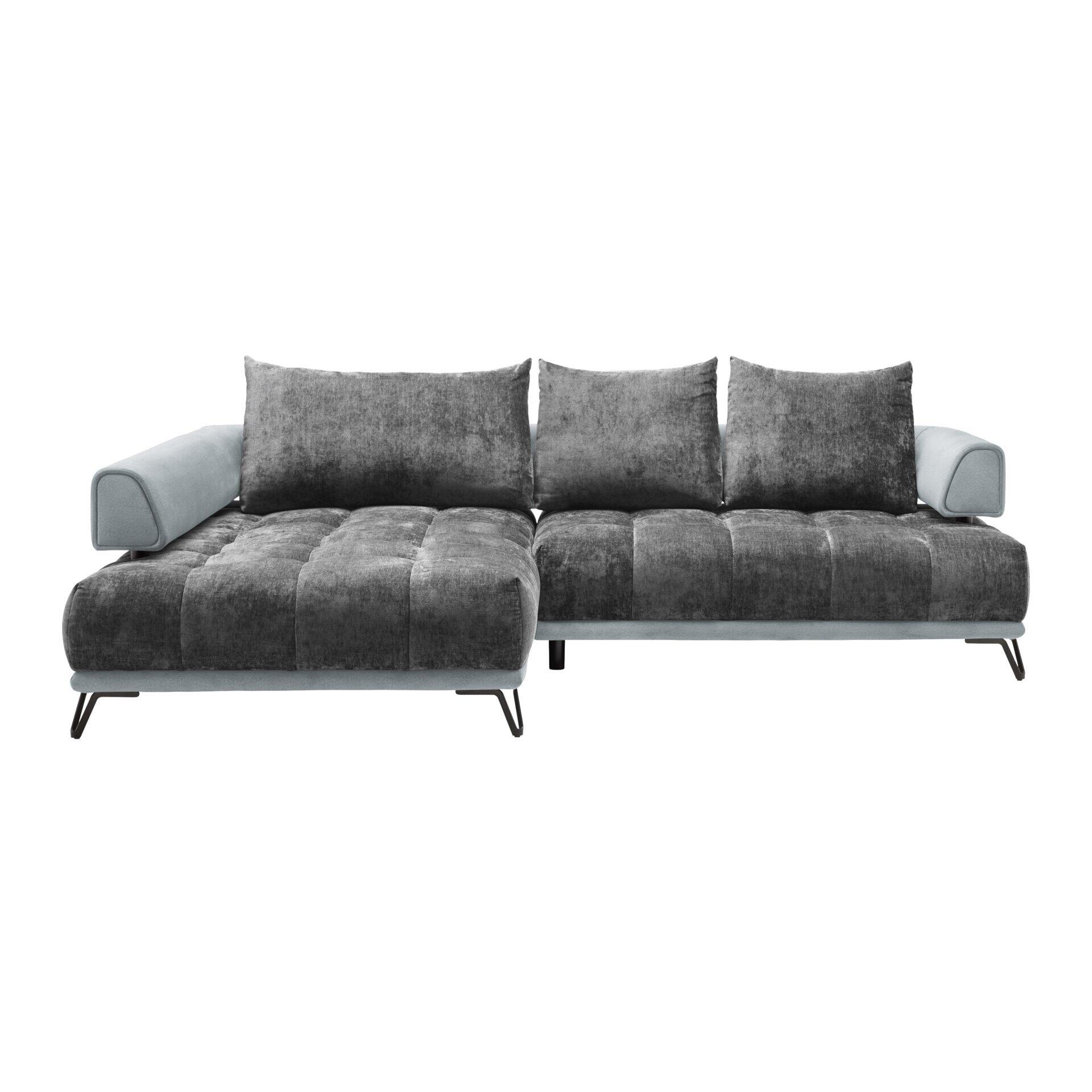 Graue Wohnlandschaft Morgan in Frontalperspektive mit tiefen Velours-Kissen, schrägen Füßen und Detailaufnahme der Kissenbefestigung durch Druckknöpfe.