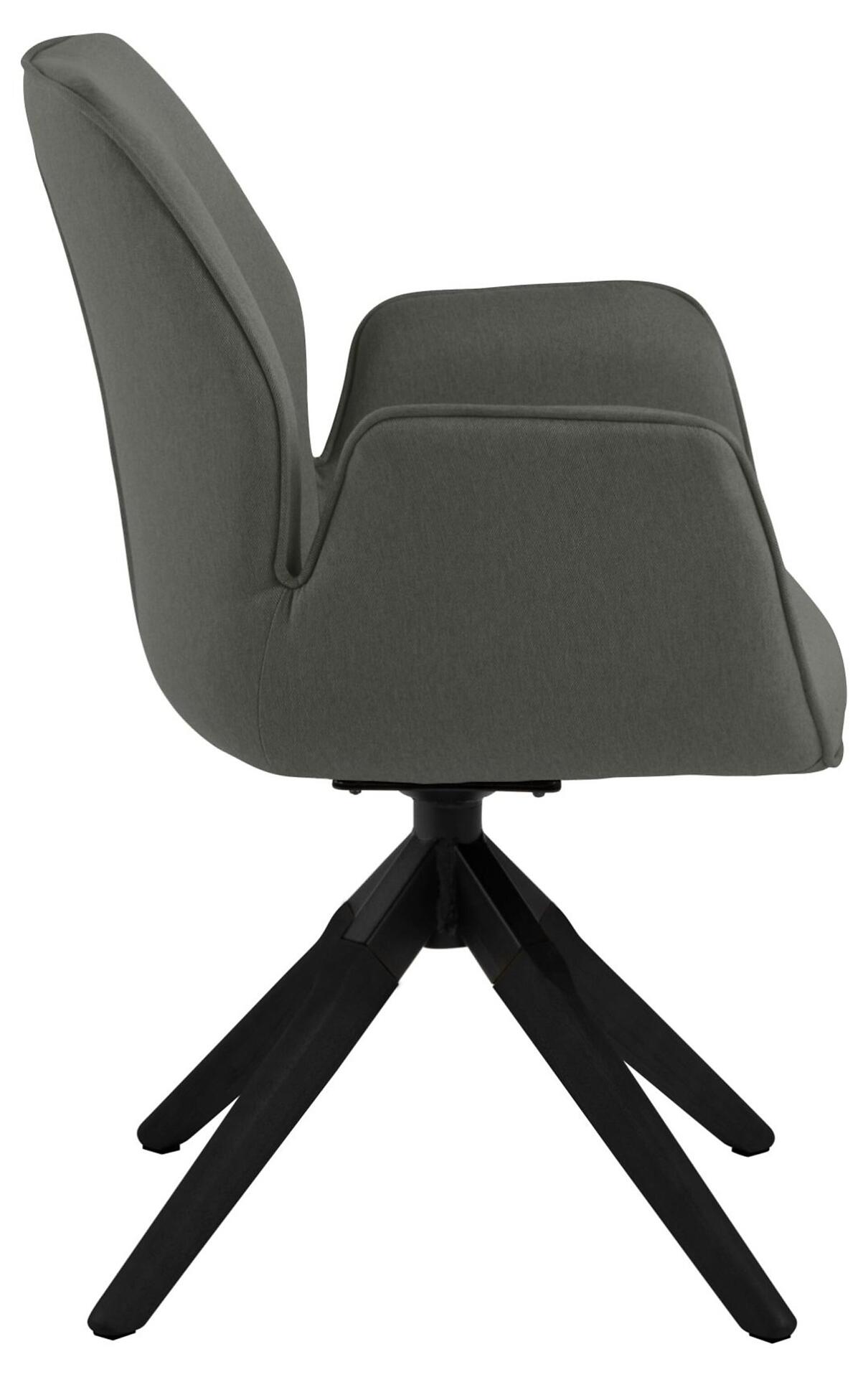 Drehsessel Aura mit gepolsterter, grauer Sitzfläche und Rückenlehne sowie schwarzem Drehmechanismus und Holzfüßen, aus der Vogelperspektive sichtbar.