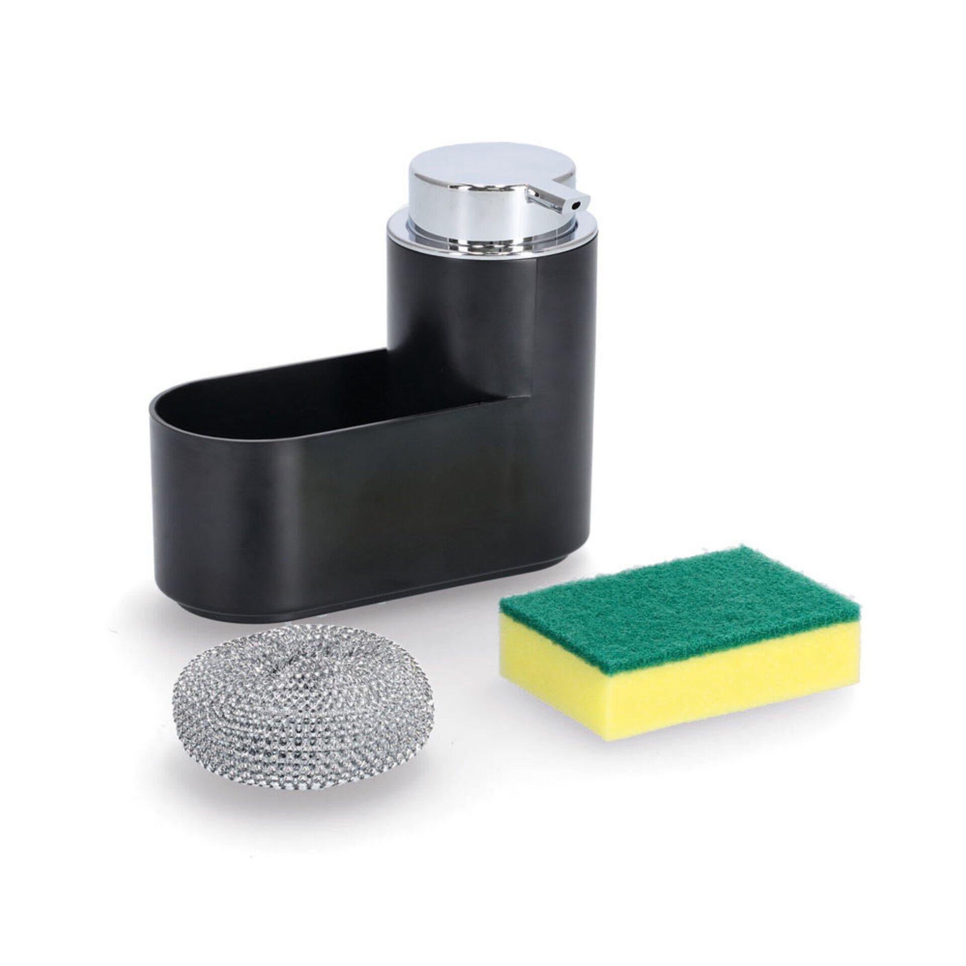 Seifenspender-Set mit Spülschrubber in Dreiviertelperspektive, inklusive Schwammhalterung an der Seite und silbernem Pumpkopf.