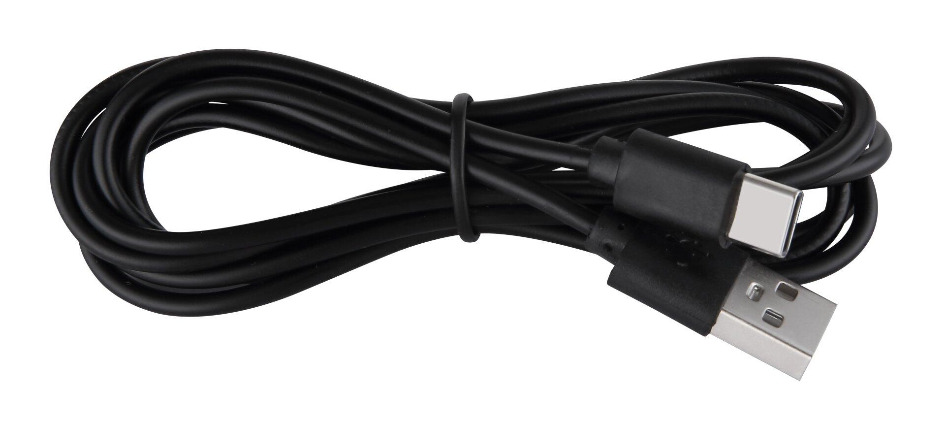 USB-C Ladekabel mit schwarzem Kabelbinder vor weißem Hintergrund.