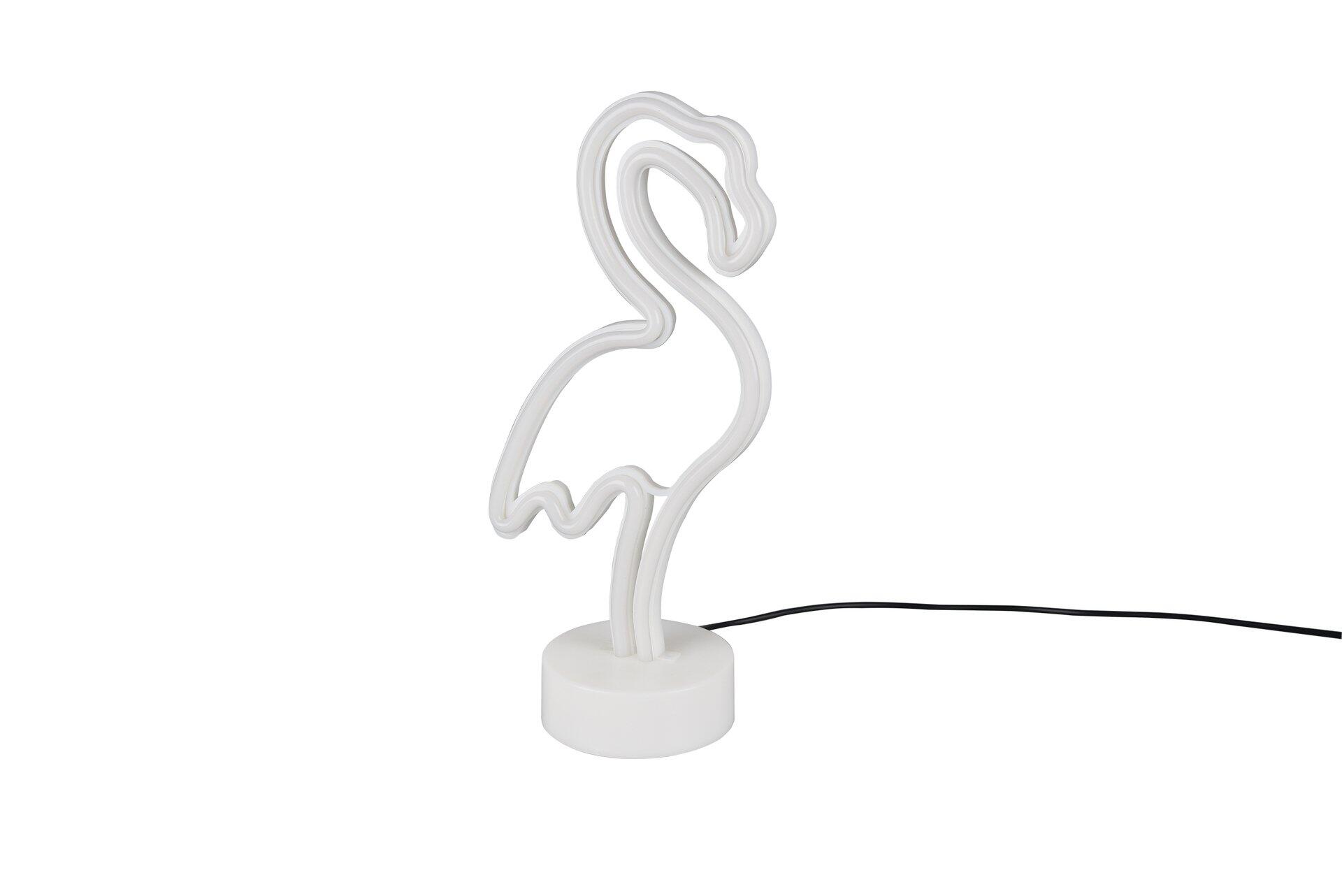 Tischleuchte Flamingo mit geschwungenem, weißen Flamingo-Neonlicht auf weißem Sockel.