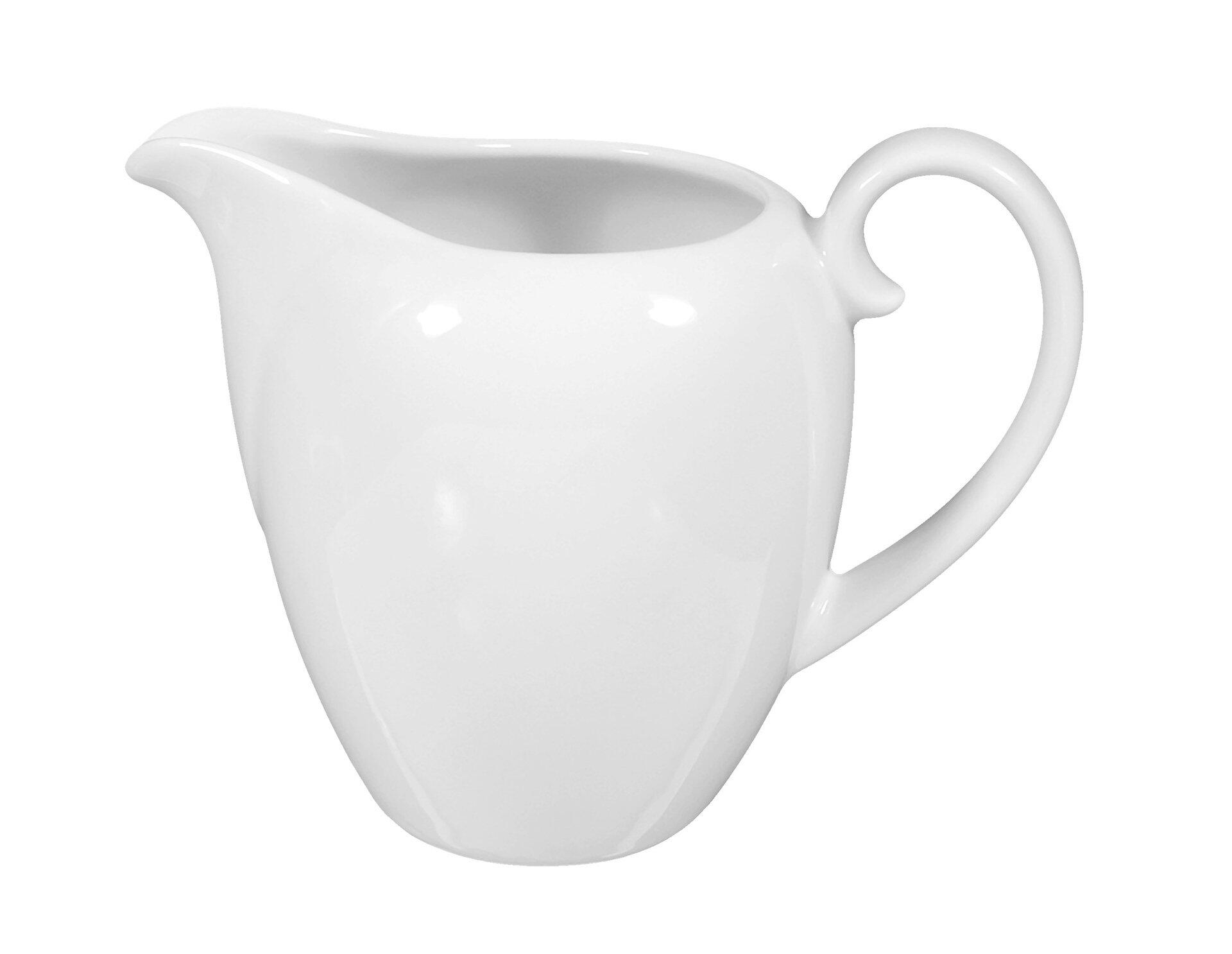 Milchkännchen Rondo/Liane in Weiß, schräg von der Seite dargestellt mit konischer Form, gebogenem Henkel und reflektierender Oberfläche.