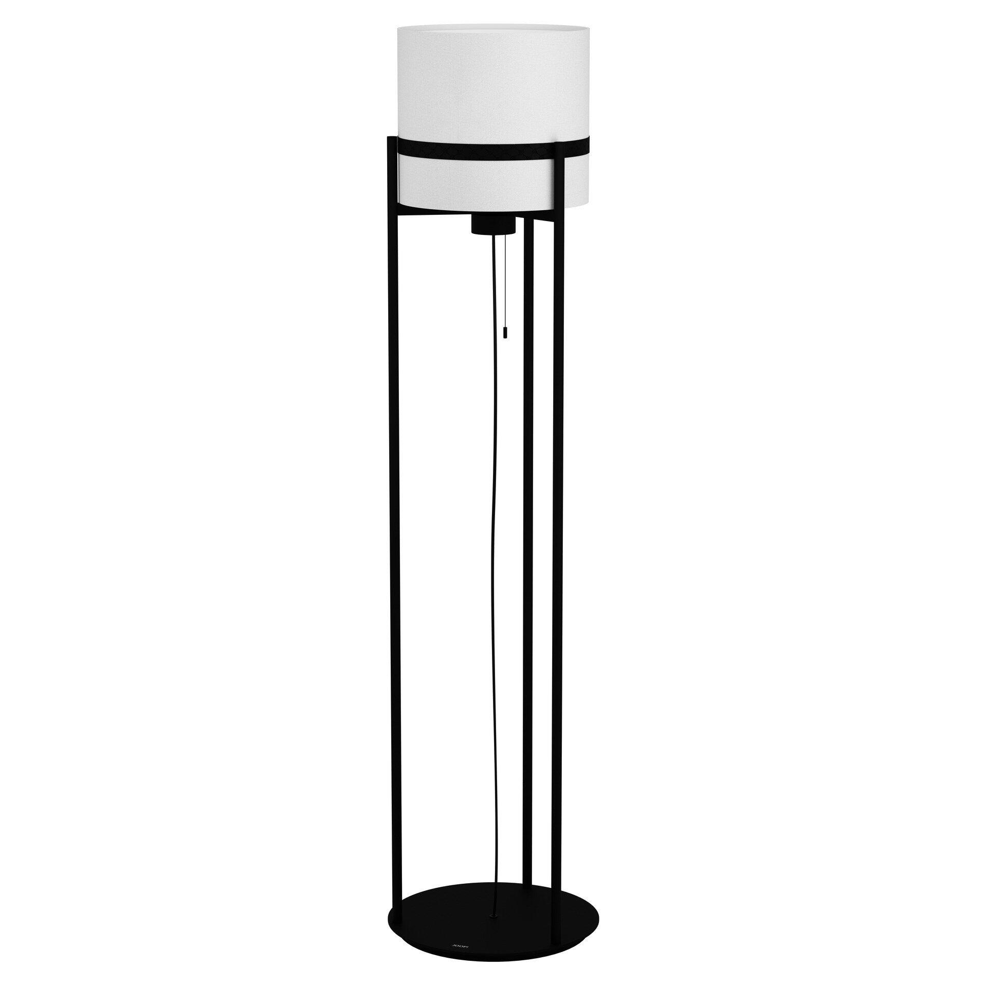 Stehleuchte Round Lights Black mit rundem, schwarzem Fuß und zylindrischem, weißem Lampenschirm, dargestellt in einer frontalen Perspektive.