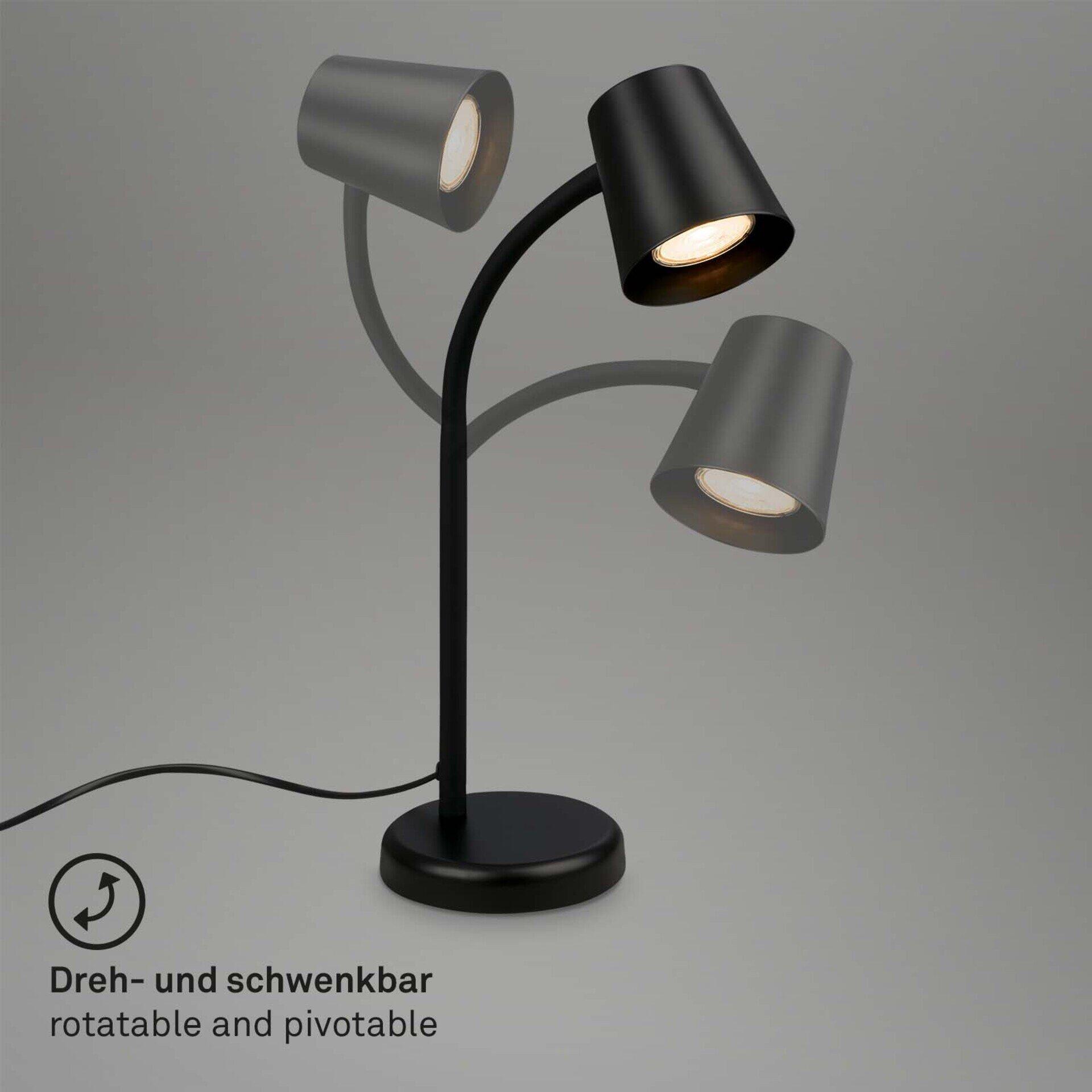 Tischleuchte Skriva mit gebogenem Arm und drei schwenk- und drehbaren LED-Lampenköpfen, Blickwinkel von der Seite.