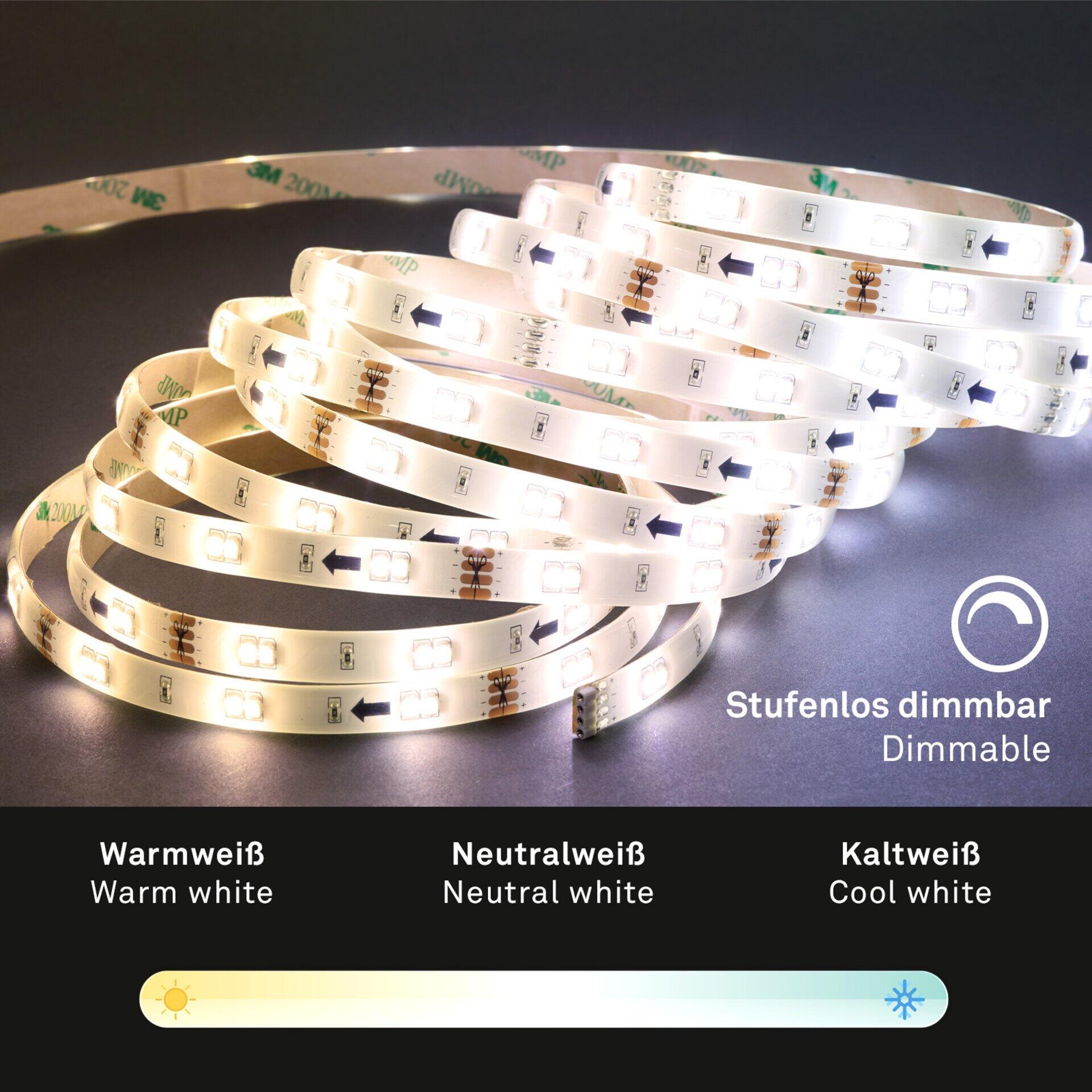 LED Band Superline BRILO mit drei Farbtemperaturen (warmweiß, neutralweiß, kaltweiß) und 3M Klebeband, inklusive Pfeil-Markierungen für die Montage und stufenloser Dimmbarkeit.