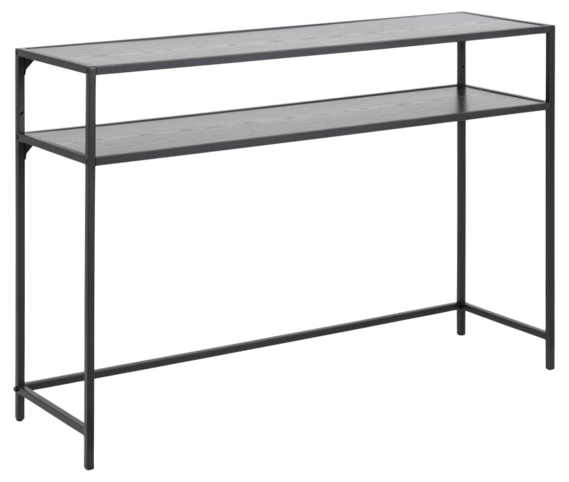 Konsolentisch Seaford mit dunkler Maserung, obere Tischplatte und unterer Ablage, gehalten von schlanken schwarzen Metallbeinen, in seitlicher Perspektive.