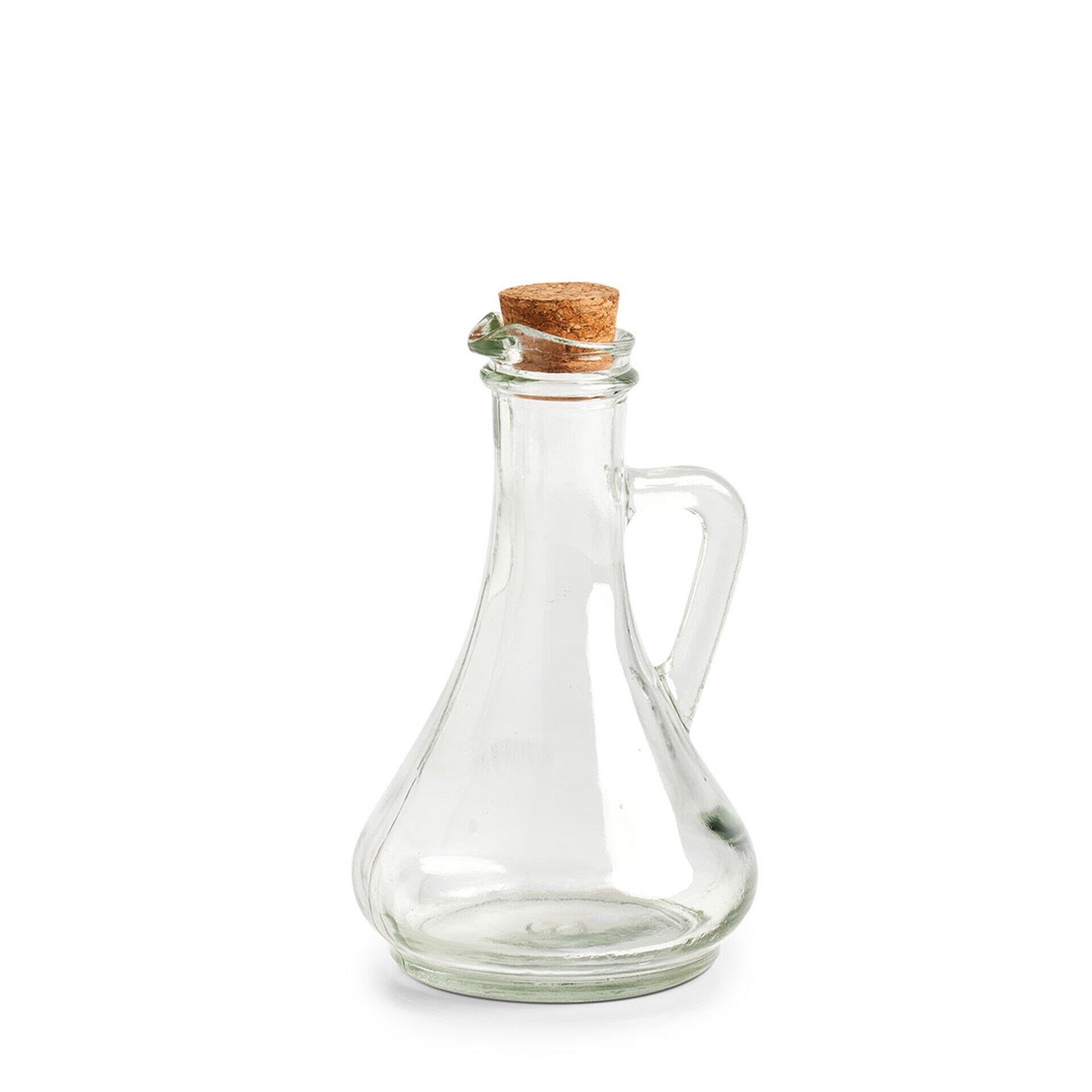 Essig- oder Ölflasche aus Glas mit Dreiecksform, Korken und seitlichem Henkel.