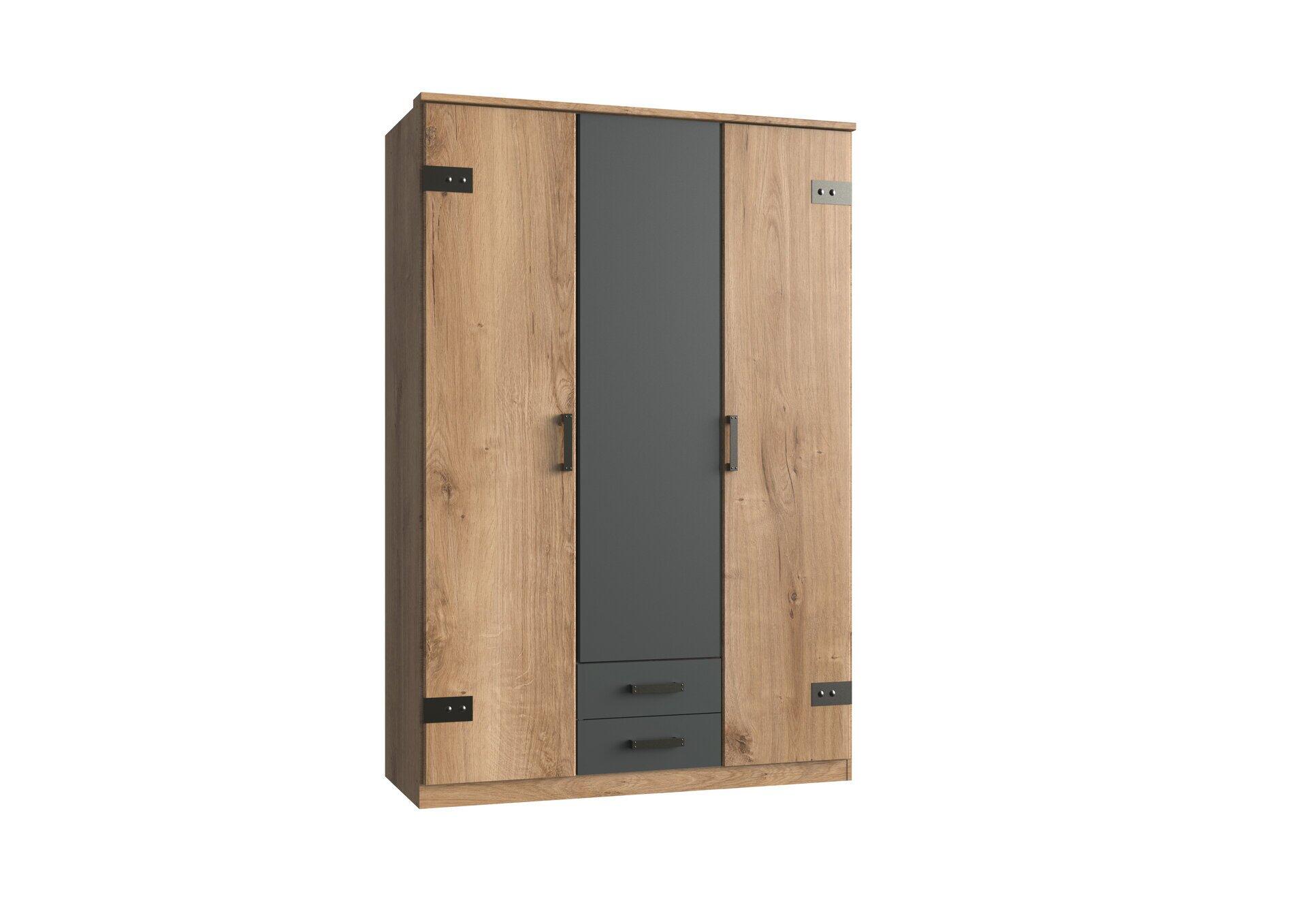 Kleiderschrank Cork mit drei Türen, davon zwei mit Holzoptik und einer grauen Front, zwei Schubladen und Metallgriffen, dargestellt in Frontalperspektive.