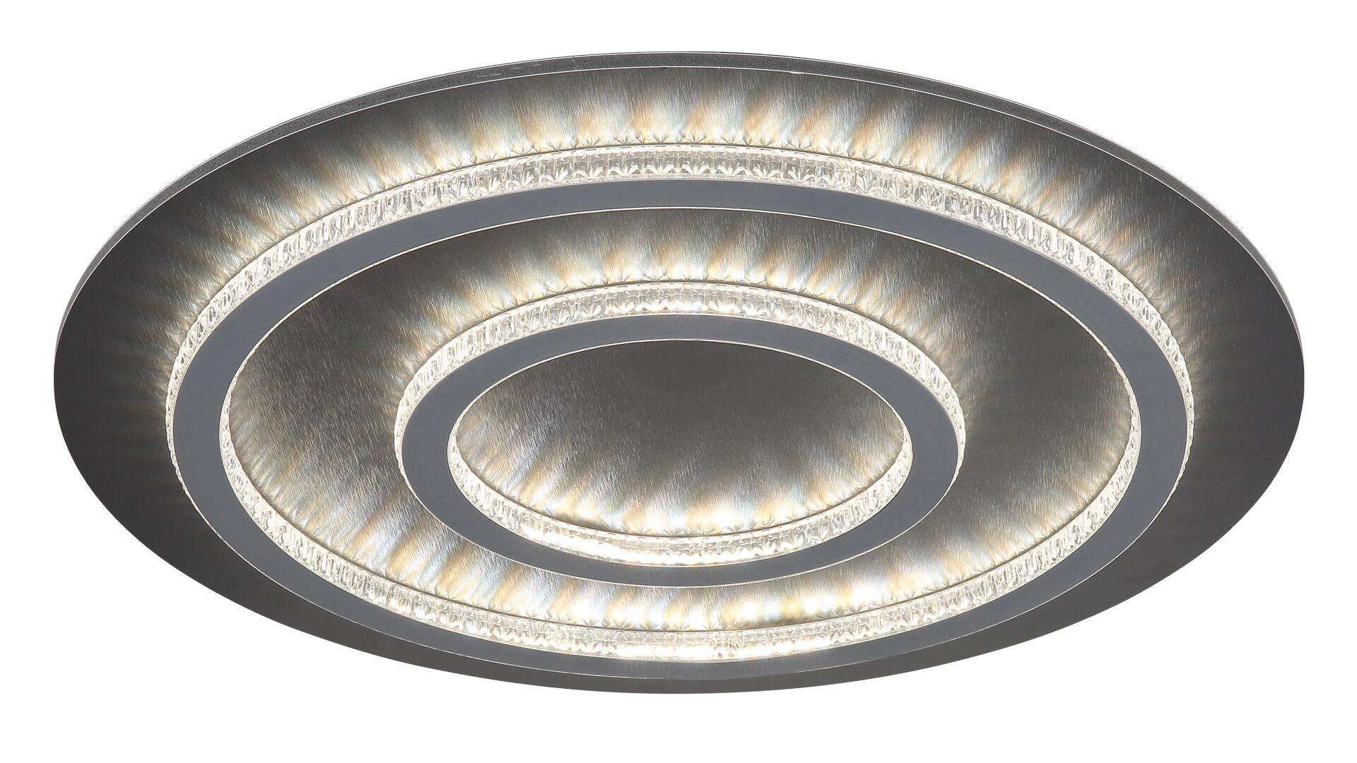 Deckenleuchte JAYDEN mit Kunststoffkristallen in Silber, die in Frontalperspektive ihre ringförmige Struktur und den warmweißen Lichtschein zeigt.