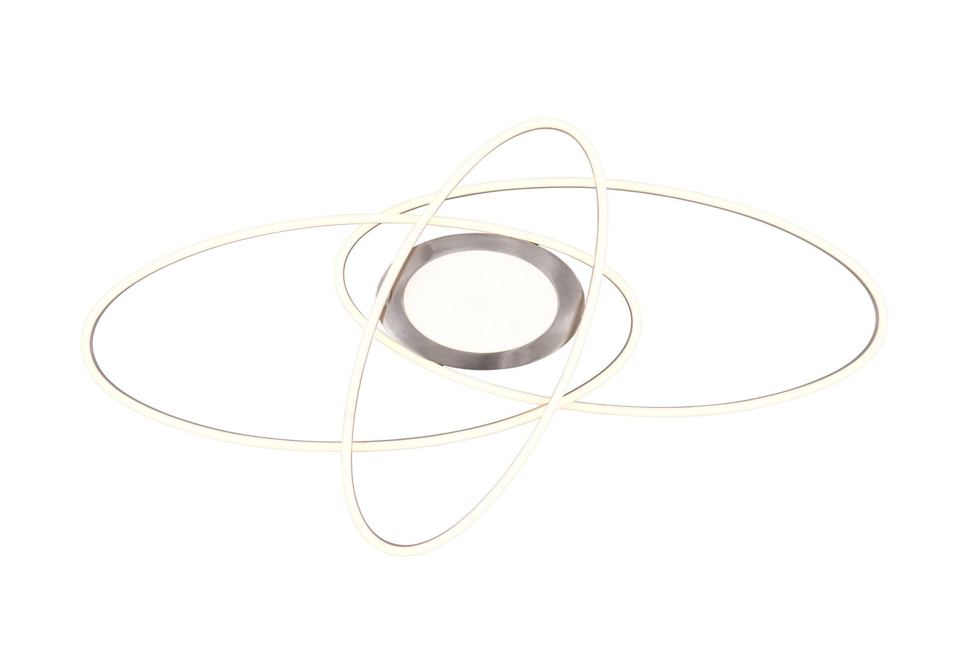 Deckenleuchte Ovine mit modernem Atommodell-Design und ringförmigen, beleuchteten Elementen, die ein weiches, diffuses Licht abgeben.