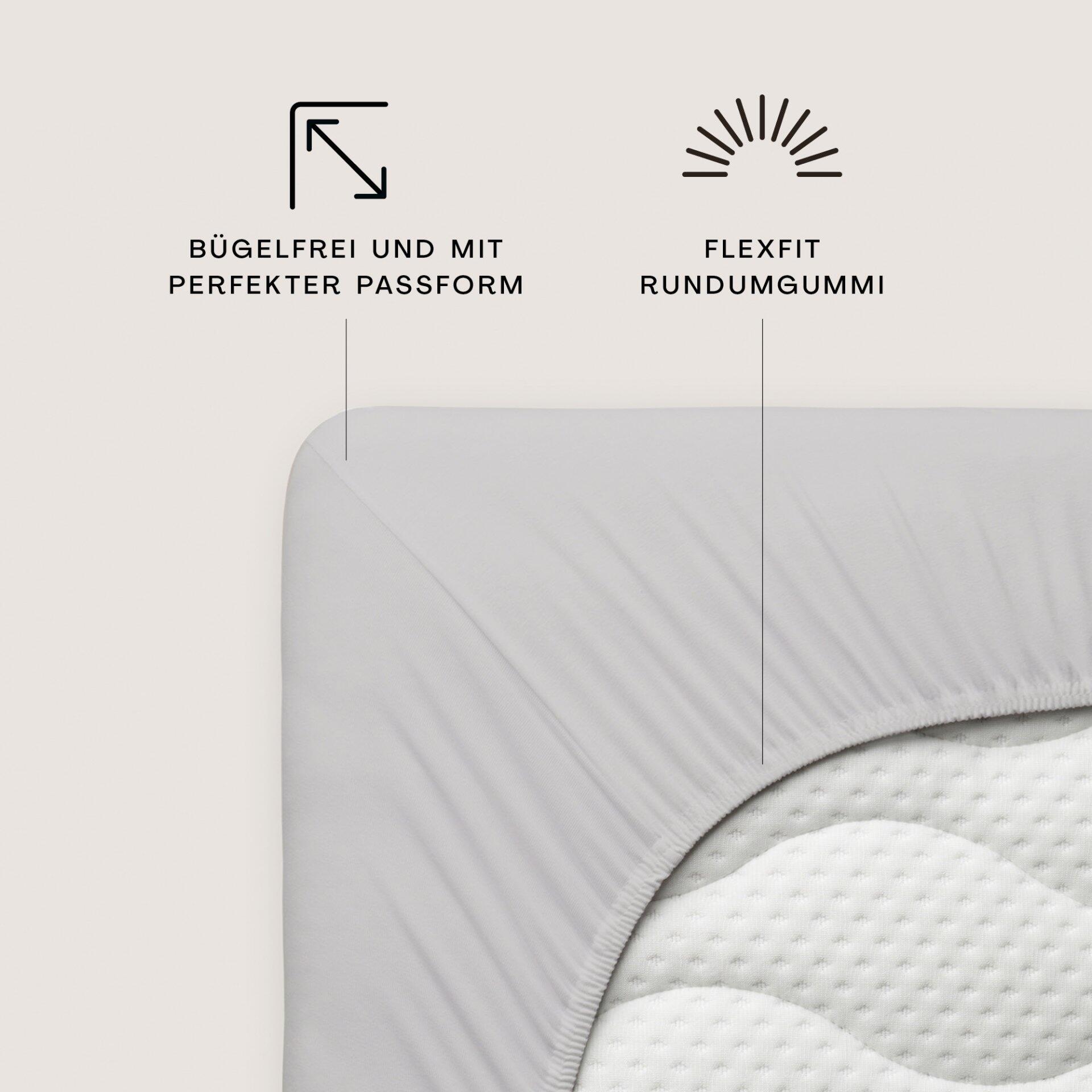 Spannbetttuch Mako-Jersey Grey Light aus Baumwolle mit gewellter Struktur, rundgummiband und Flexfit-Eigenschaften, detailreich aus Vogelperspektive fotografiert.