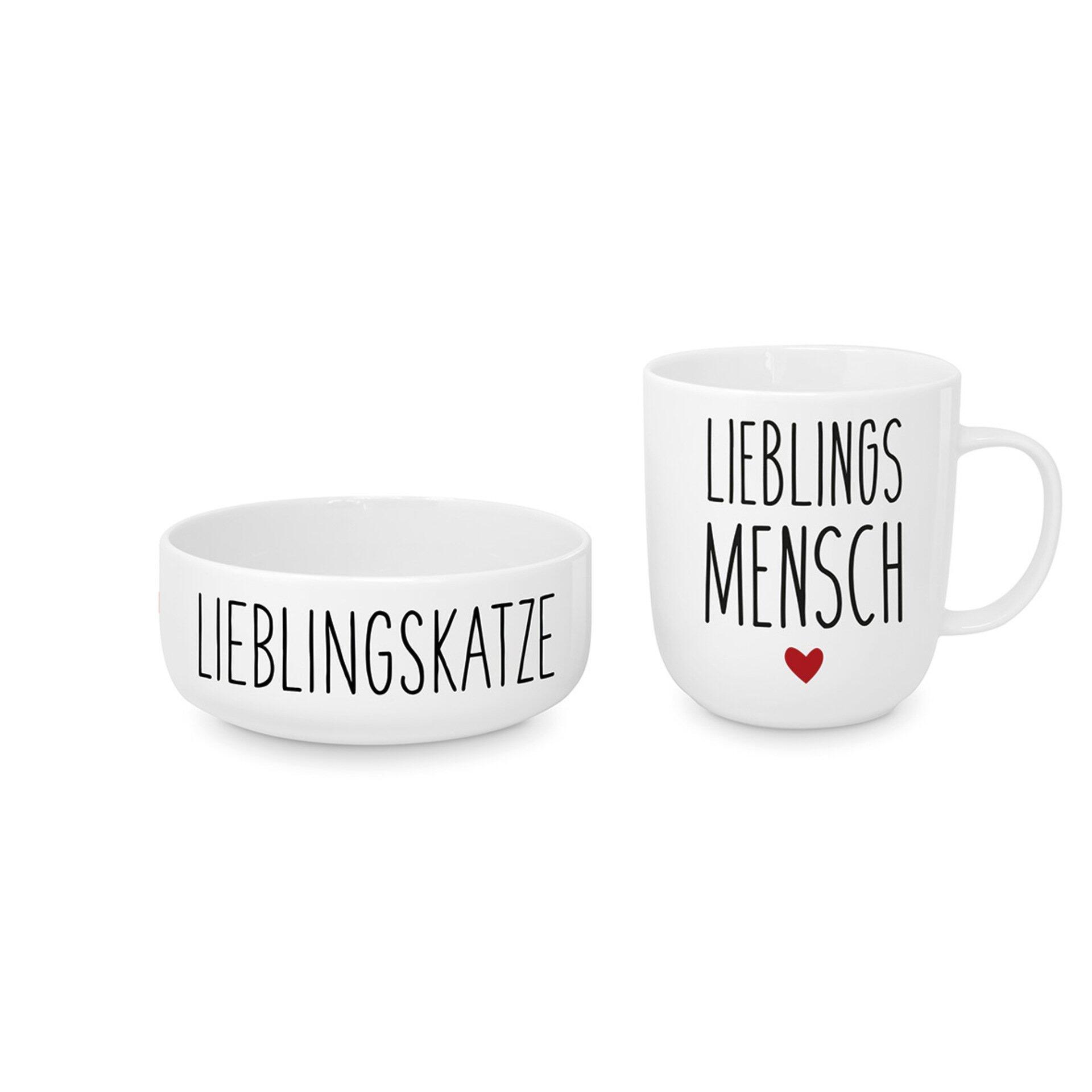 Keramik-Schale und Tasse aus dem PO Cat Set: Auf der Schale "LIEBLINGSKATZE", auf der Tasse "LIEBLINGS" und darunter "MENSCH" mit Herzchen.