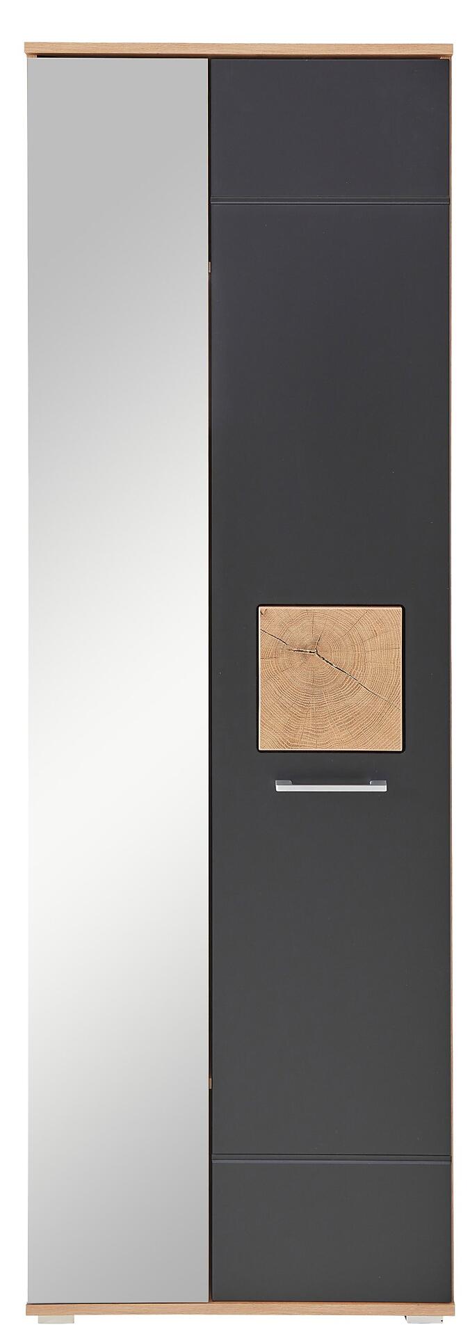 Garderobenschrank Fun mit Spiegeltür links, Holztür mit Maserung rechts und Sockel aus hellem Holz.
