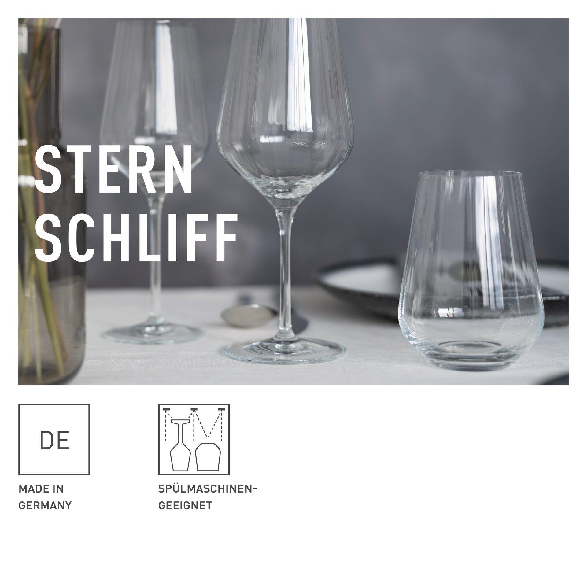 Nahaufnahme des Rotwein- und Wasserglas-Sets mit elegantem, schlankem Design und Sternschliff, wobei zwei Weingläser mit gebogenem Kelch im Vordergrund stehen.