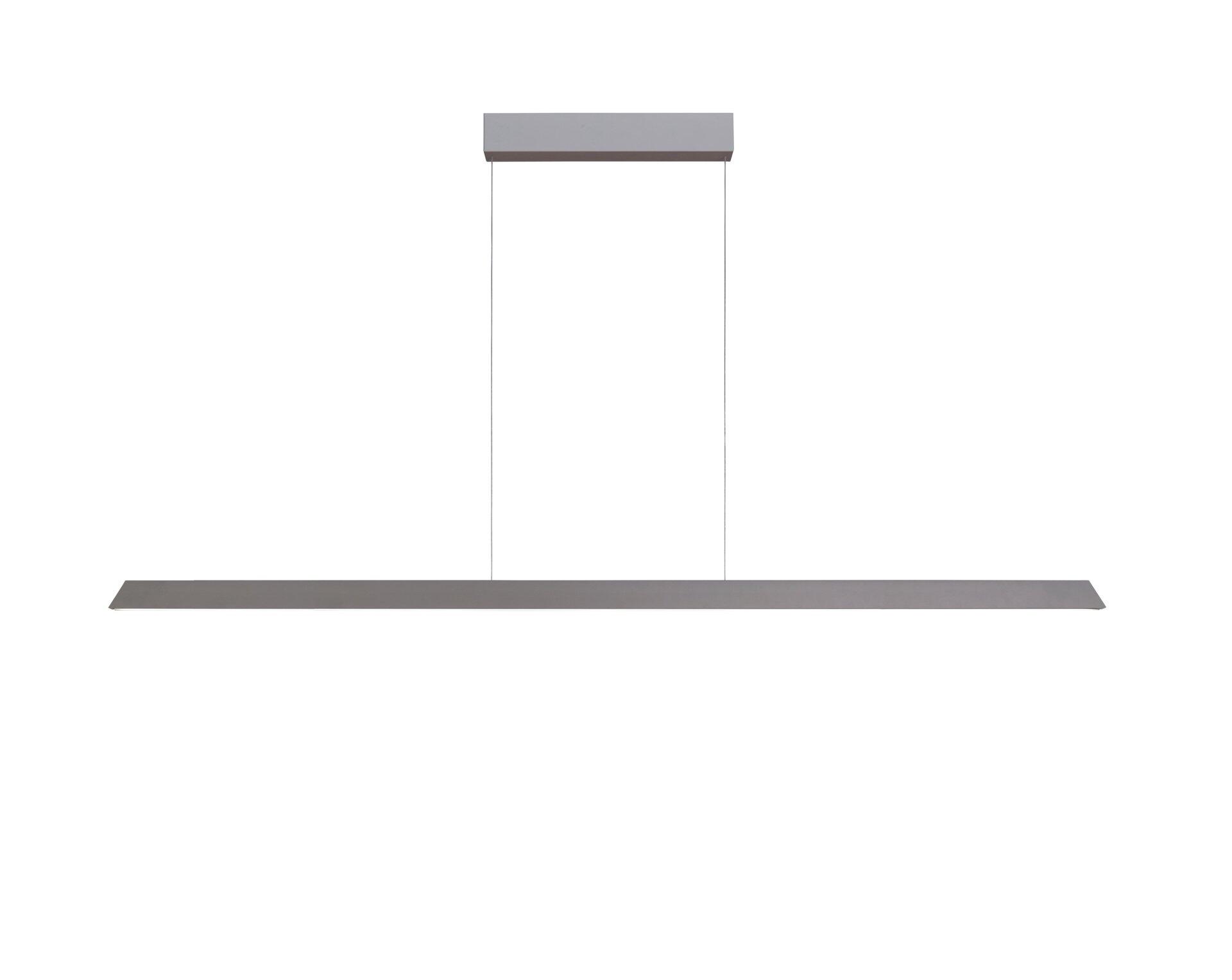 Pendelleuchte Now 20 mit grauem, länglichen Schirm und integriertem Aufhängeelement, dargestellt in frontalem Blickwinkel.