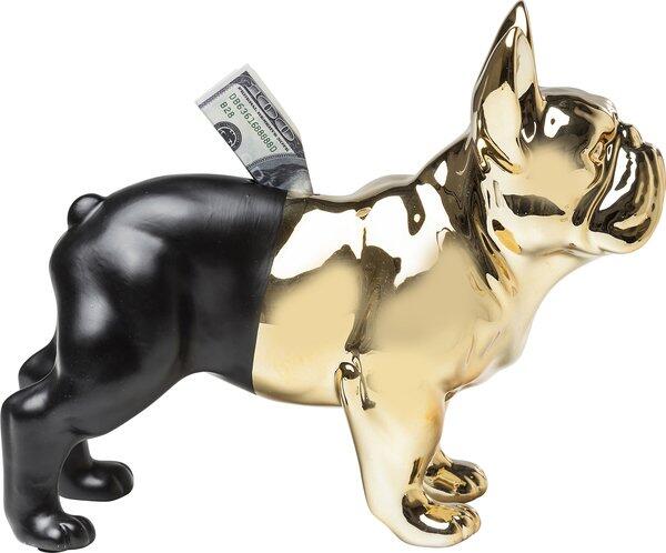 Goldener Bulldog-Tresor in Seitenperspektive mit goldenen Ohren, Schnauze und Vorderpfoten sowie schwarzem Körper und Hinterpfoten, ein Bankschein ragt aus dem Maul.