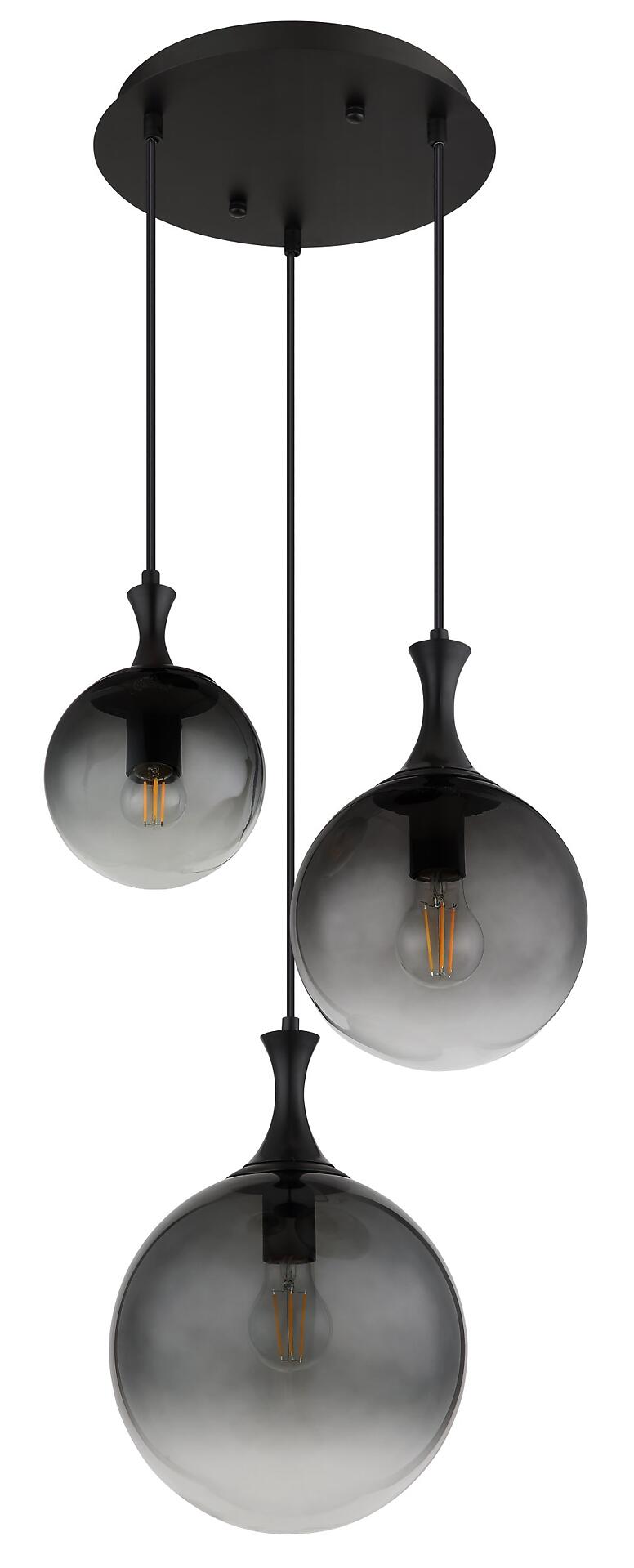 Hängeleuchte DALTON mit drei grauen, birnenförmigen Glaskugeln, schwarzen Metallstielen und sichtbaren Glühfäden im Gegenlicht.