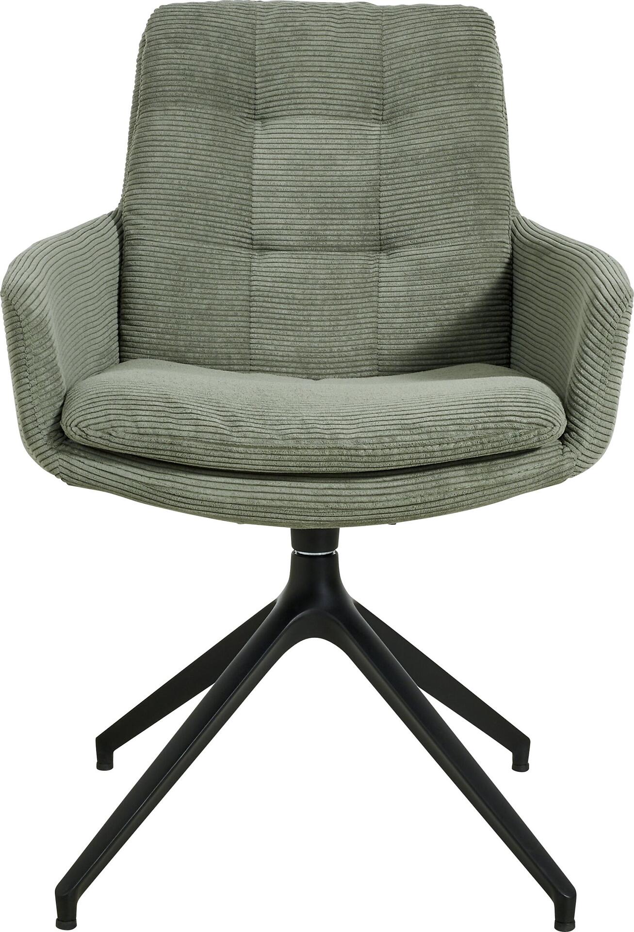Drehsessel Flame Chair mit Cordbezug in Hellgrün, der auf einem schwarzen, sternförmigen Metallfuß steht und durch die leicht nach außen gebogene Armlehnen sowie die vertikale Naht in der Rückenlehne gekennzeichnet ist.