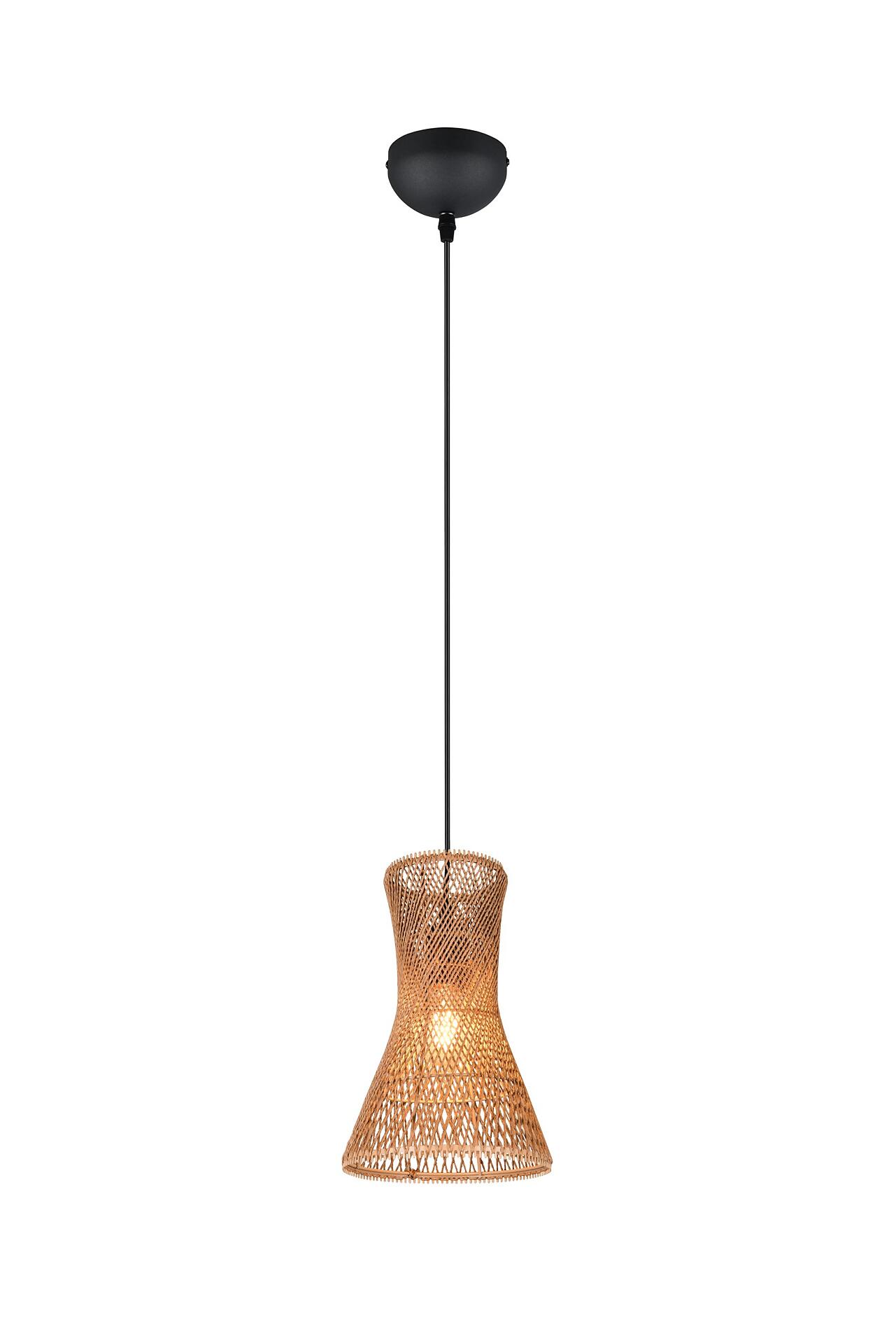 Pendelleuchte Bijou mit schwarzem Deckenbaldachin, schwarzem Kabel und konischem, gewebtem Lampenschirm aus Rattan-ähnlichem Material.
