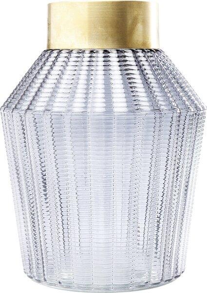 Vase Barfly Grey: Hohe, zylindrische Vase aus mundgeblasenem Glas mit geriffelter Textur und goldenem Messingring am oberen Rand.