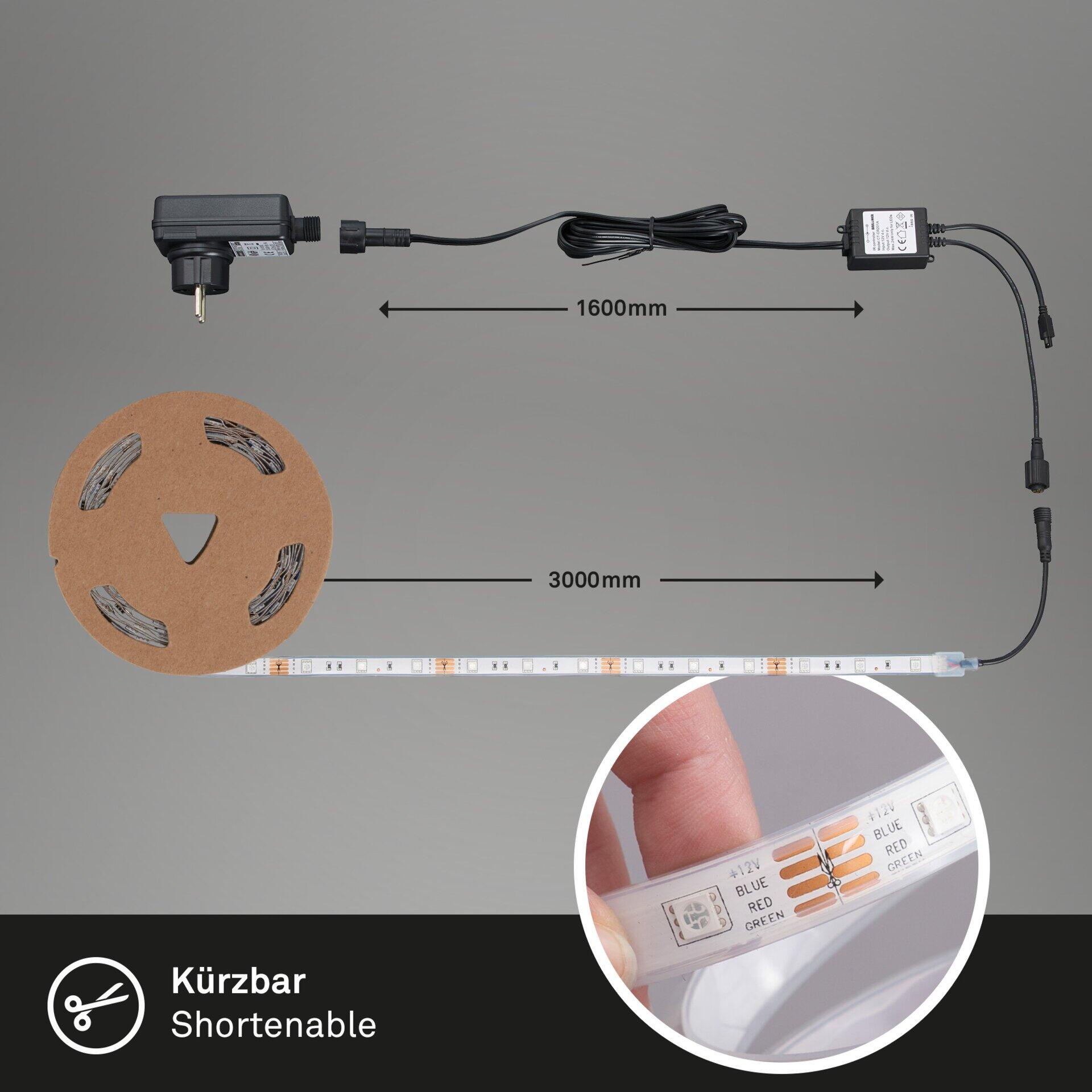 LED Band Led Superline in blau, rot und grün, zeigt die mögliche Kürzbarkeit durch Markierungen in 3000 mm und 1600 mm Länge, mit Anschlusskabel und Netzteil.