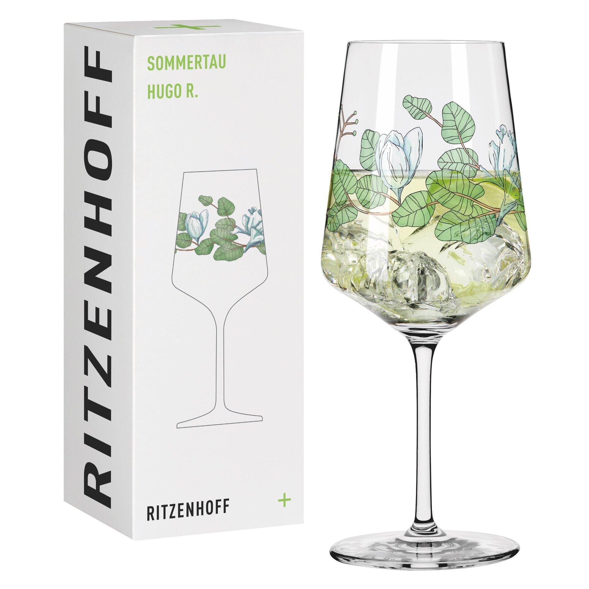 Detailaufnahme eines RITZENHOFF Aperitifglases mit floralem Dekor aus Blättern und Blüten, präsentiert auf weißem Untergrund.