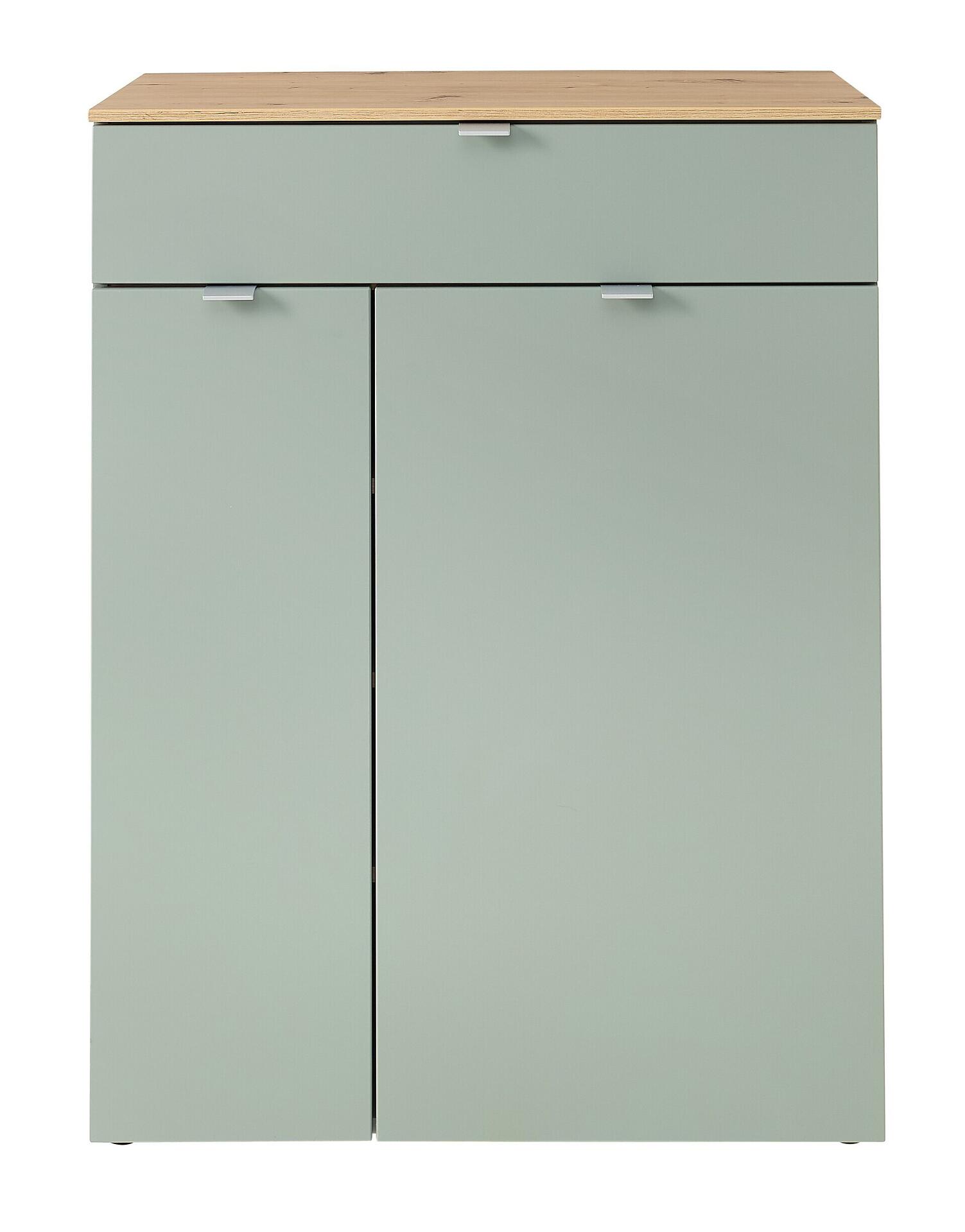 Schuhschrank Bari mit Schilfgrün supermattem MDF, zwei Türen, einer Schublade und Holzoptik-Oberfläche, gezeigt von vorne.